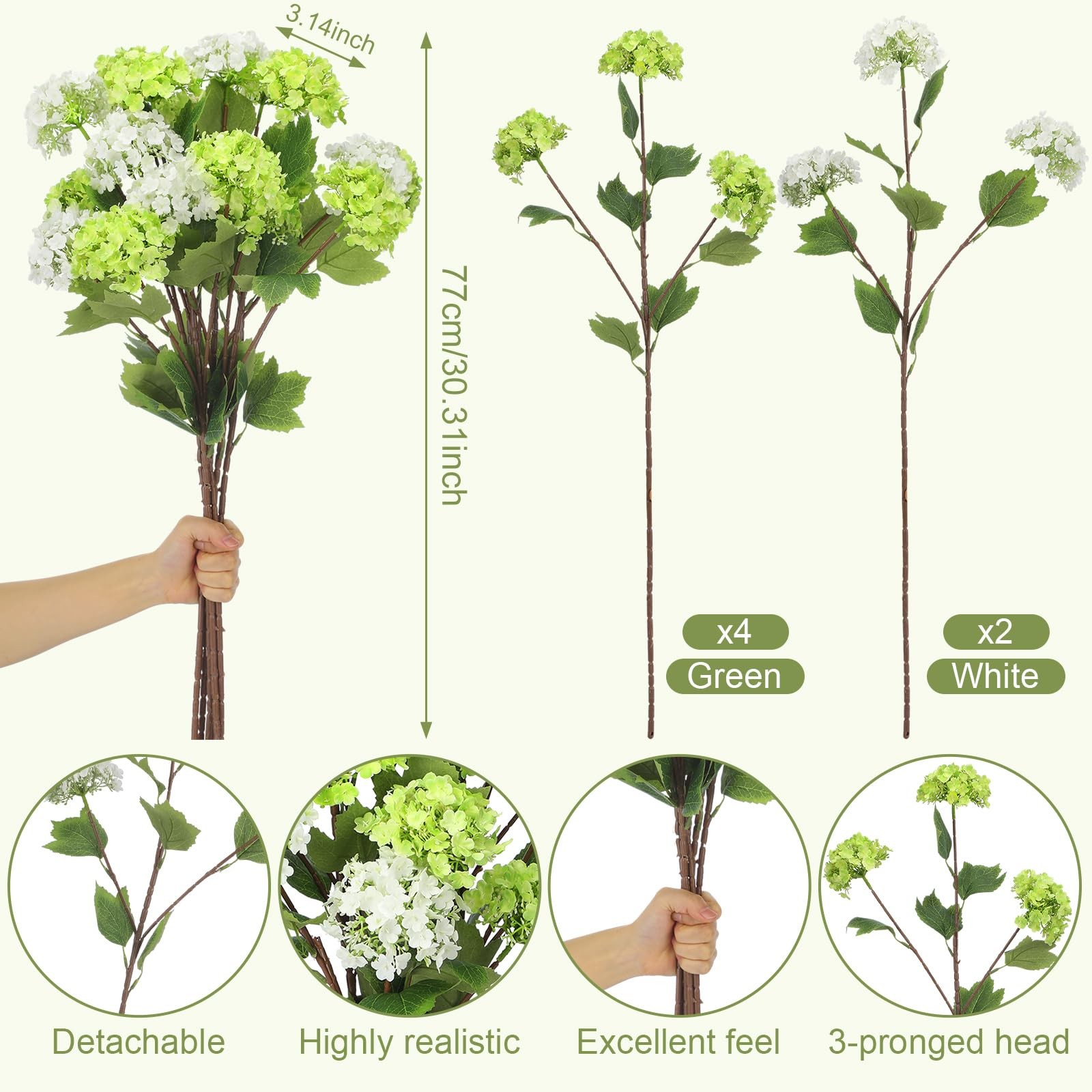 6 Pcs White and Green Hydrangea Artificial Flowers 30.3″ Faux Hydrangea Flowe…
