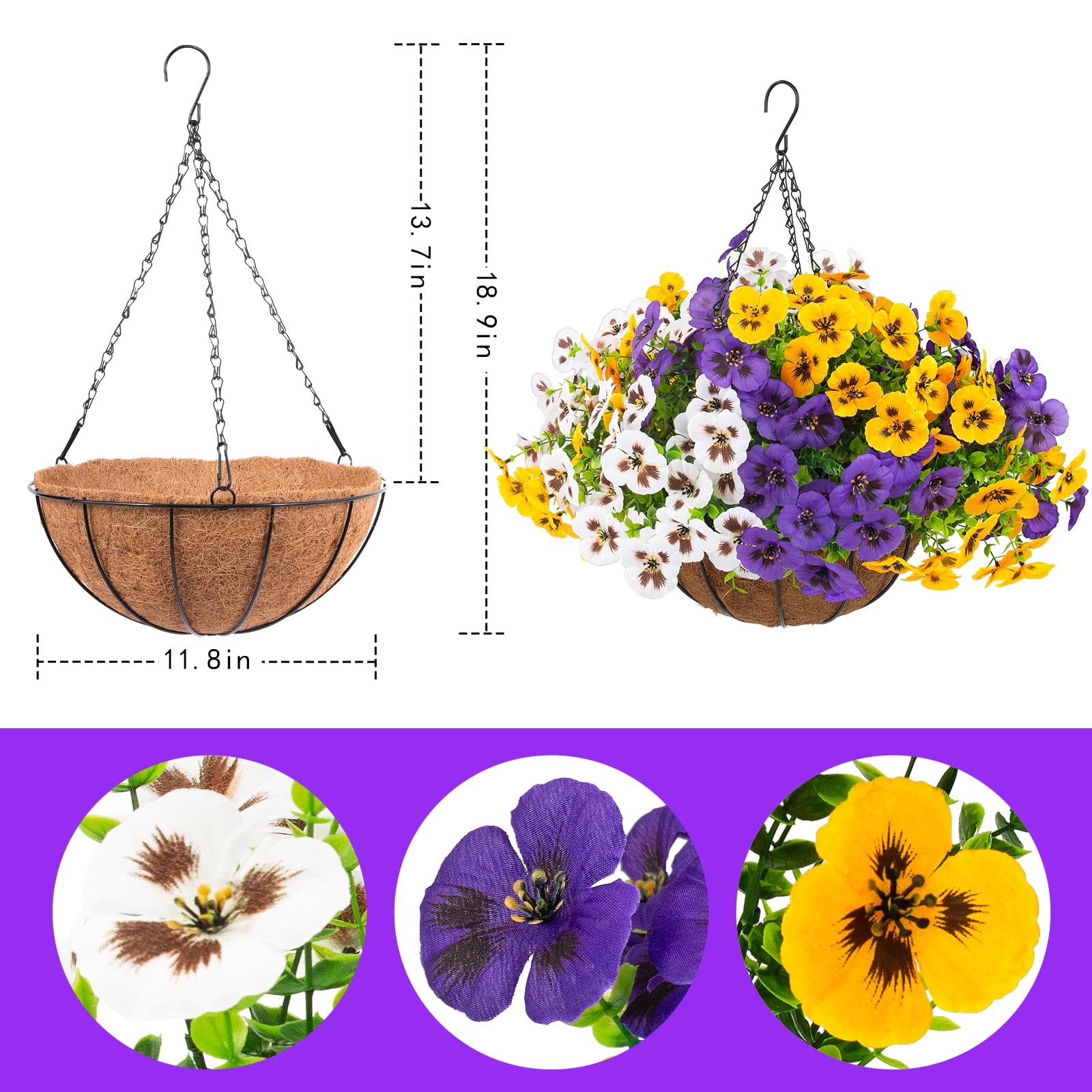 lovemoon 2 Sets Artificial Hanging Pansy Flowers with Baskets, 24 Pcs UV Resi…