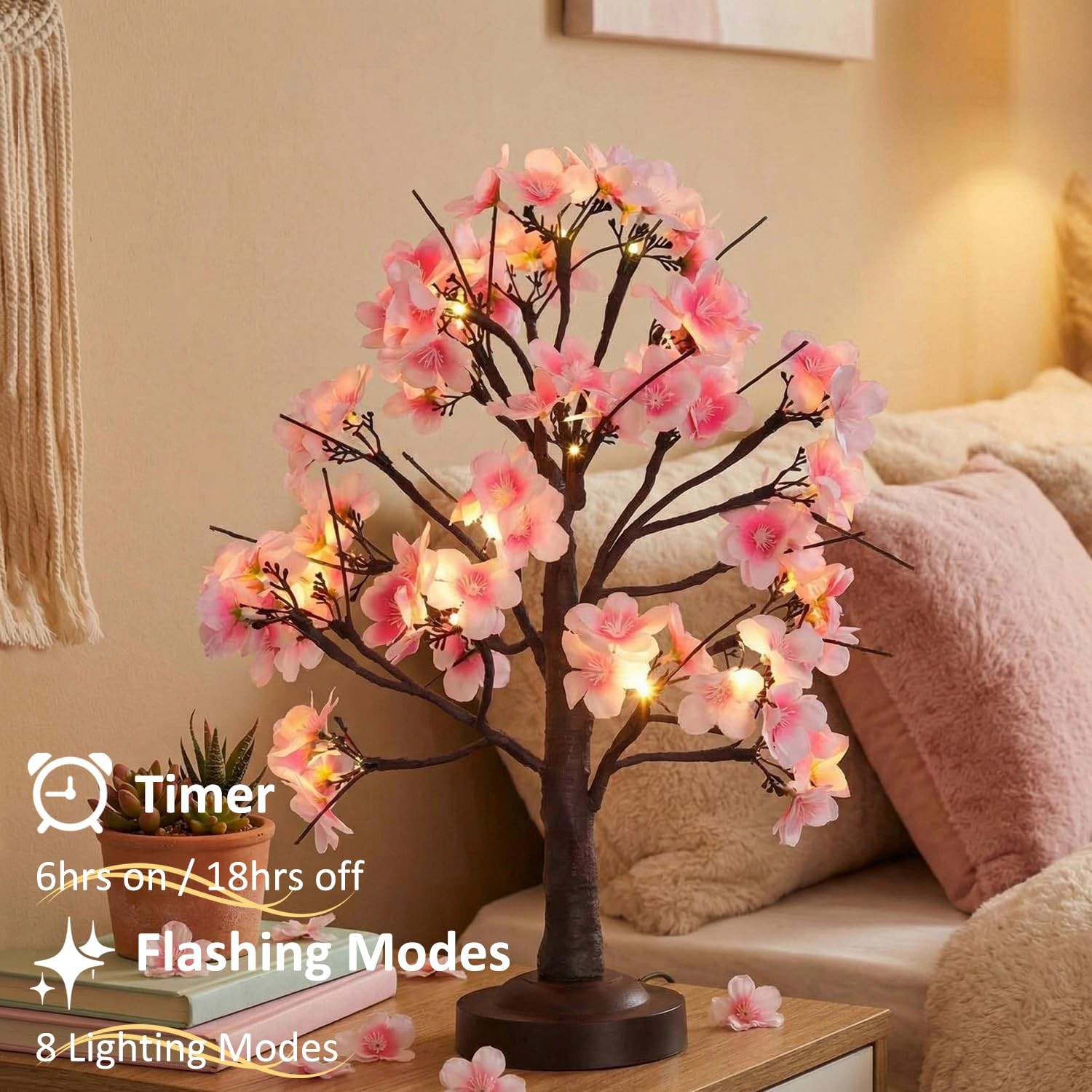 18 Inch Cherry Blossom Tree Timer Warm White Bonsai USB Battery Powered