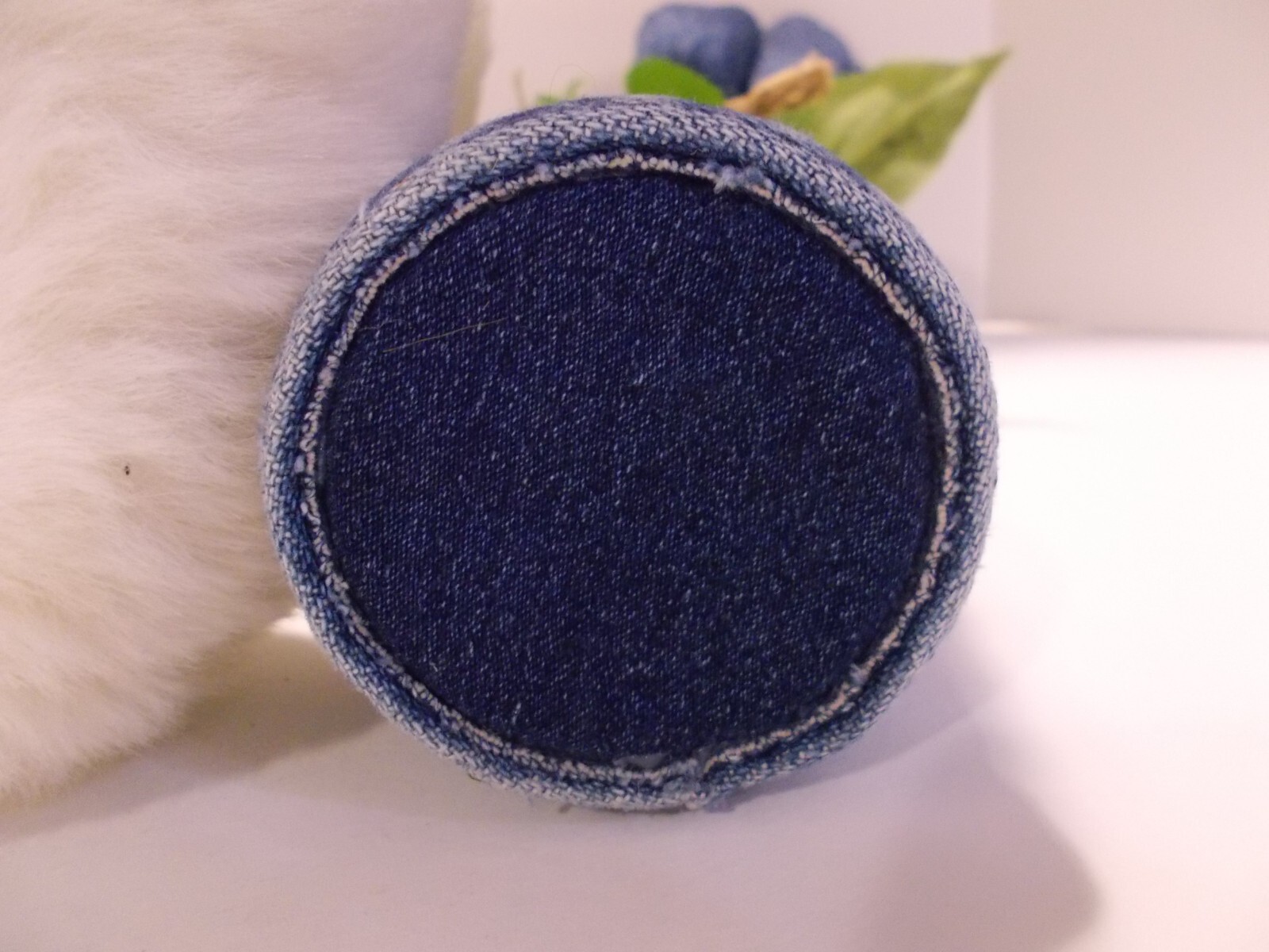 Handcrafted Denim 6 Rose Bouquet in Denim Seams Vase w Teddy Bear Upcycled Denim