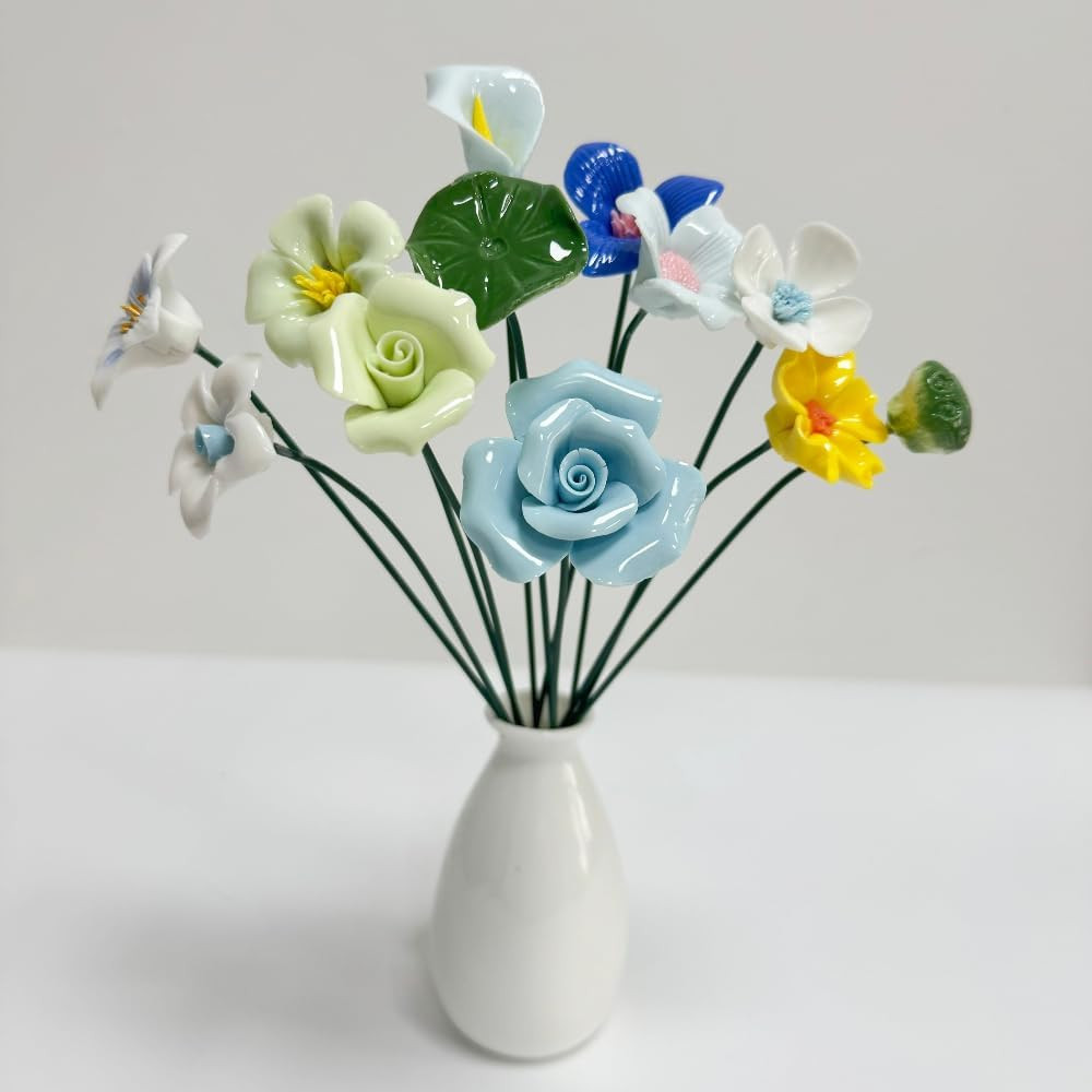 12 Pcs Handmade Ceramic Flowers Decor,Porcelain Flower Plant Stakes for Outdoor