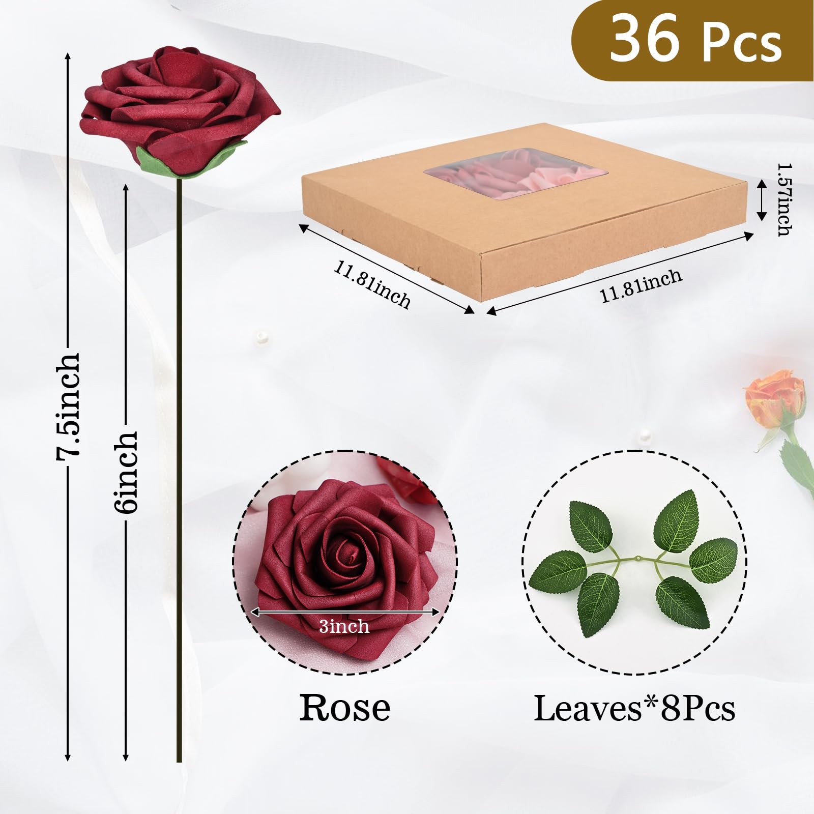 36Pcs Artificial Flowers Fake Roses with Stems, Gradient Burgundy Boxed Foam …