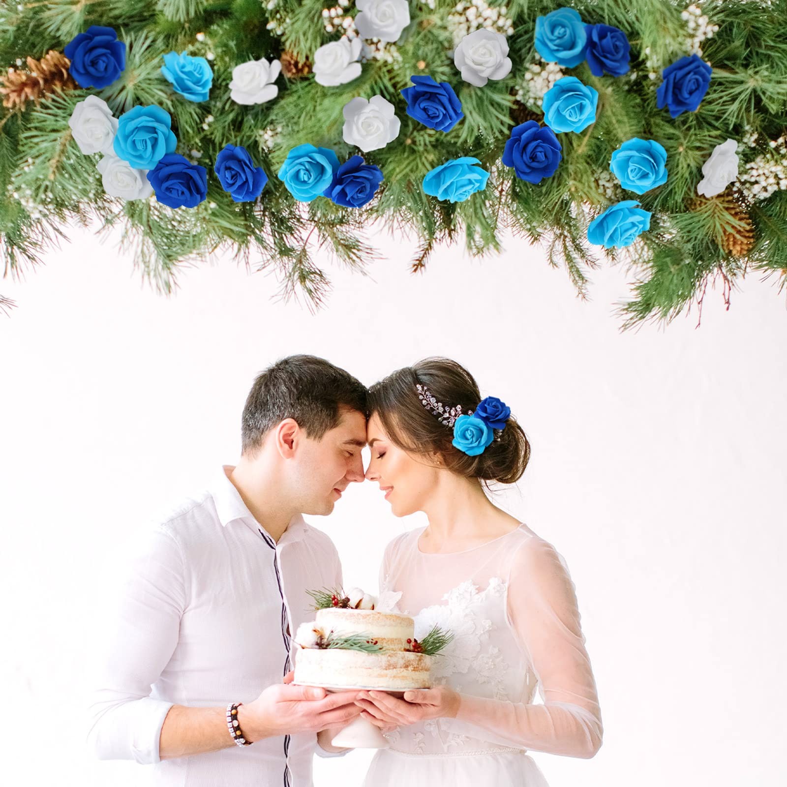 200 PCS 2.76 Inch White Blue Artificial Foam Rose Flower Heads Bulk Centerpiece