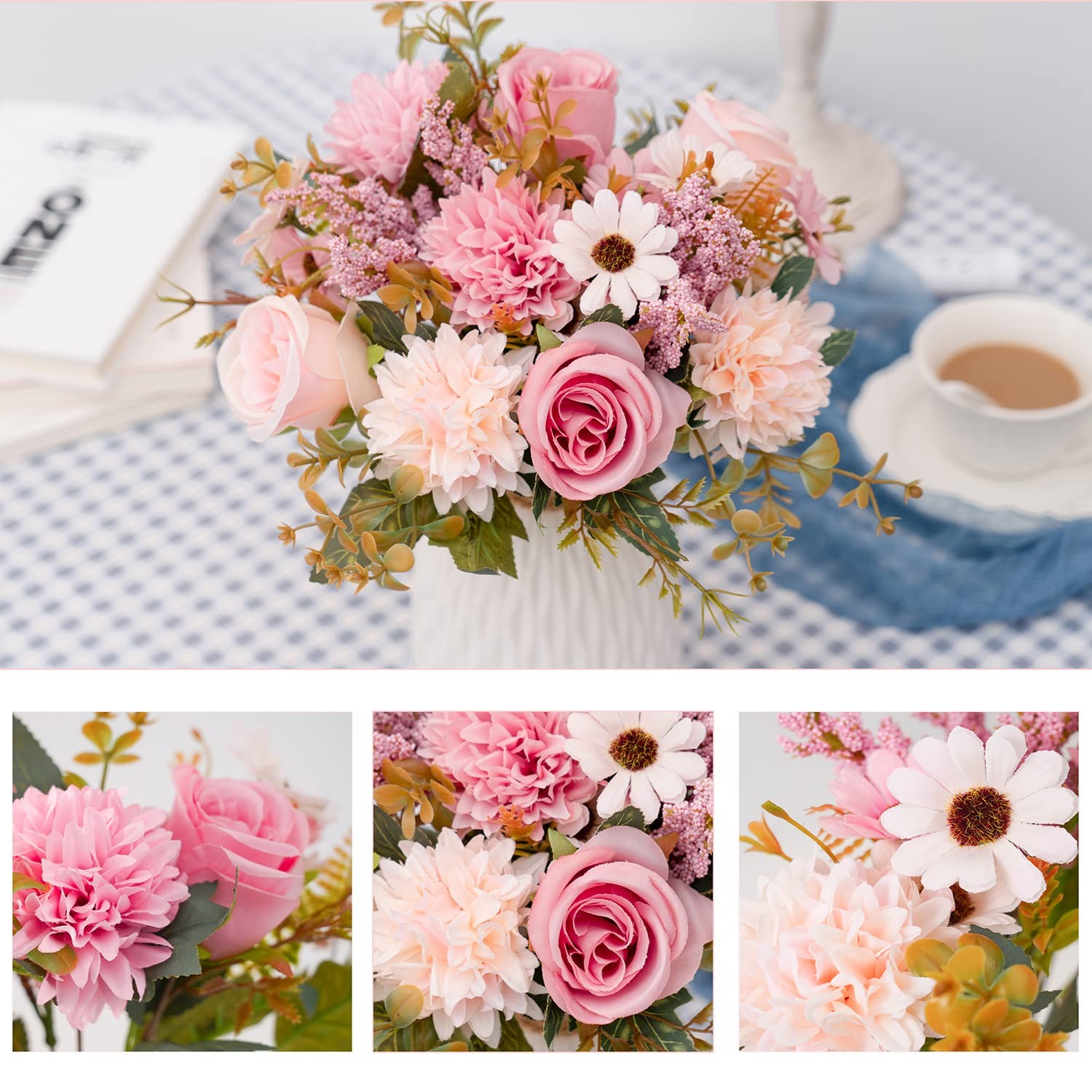 Artificial Pink Fake Flowers In Vase Home Indoor Table Centerpiece Decor