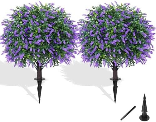 Artificial 28.7 Inches Cedar Topiary Trees with Ground Spike, 2 Pieces Fake Pine