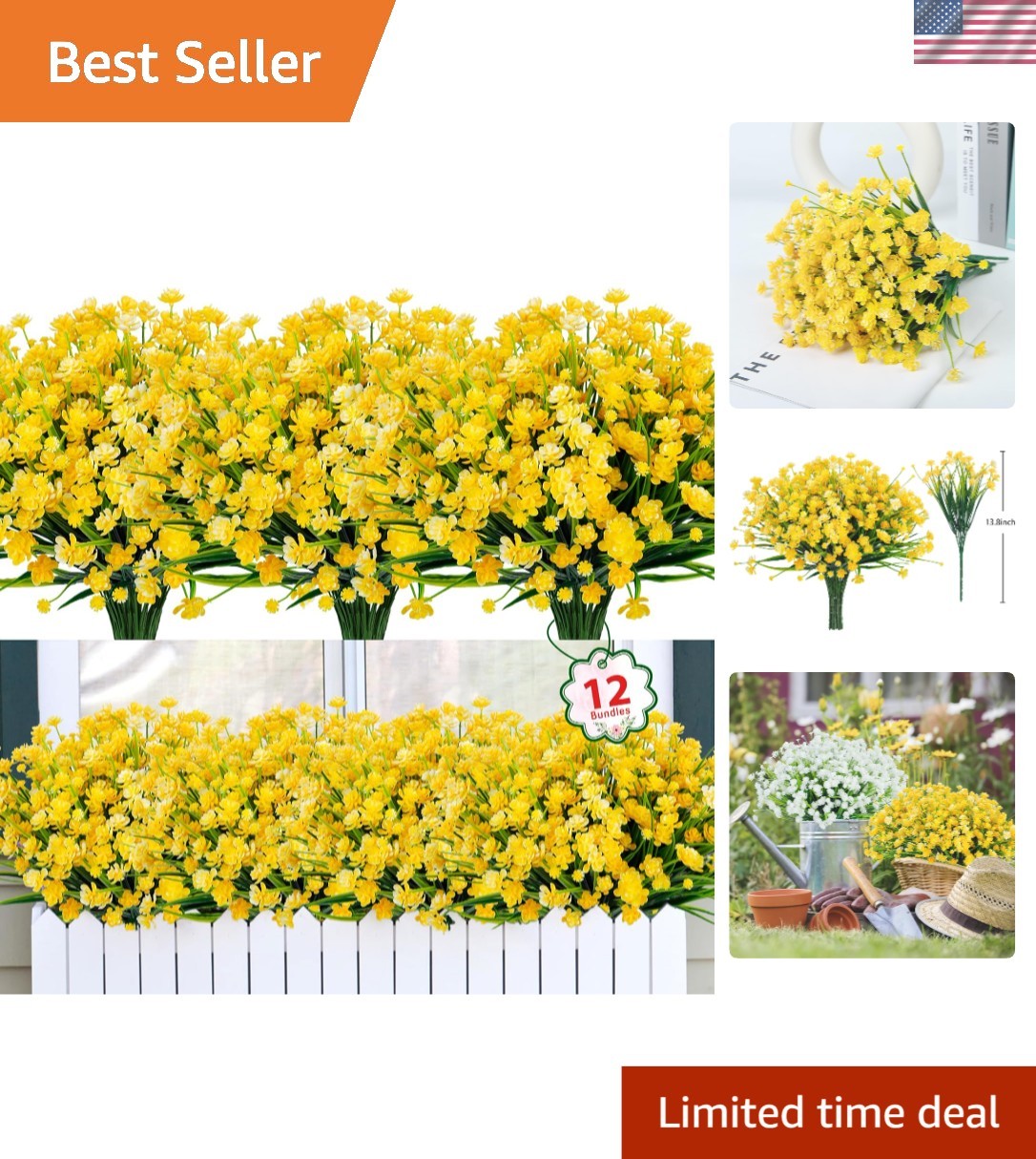 Elegant Yellow Artificial Flowers: 12 UV Resistant Bundles for Charming Spaces