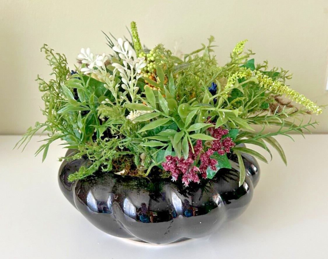 Black Bowl with Artificial Faux Greenery Decor 8x8x8