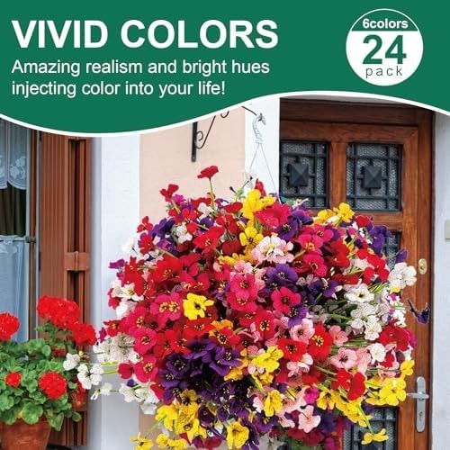 24 Pcs (6 Color) UV Resistant Outdoor Artificial Faux Flowers Plants Realistic P