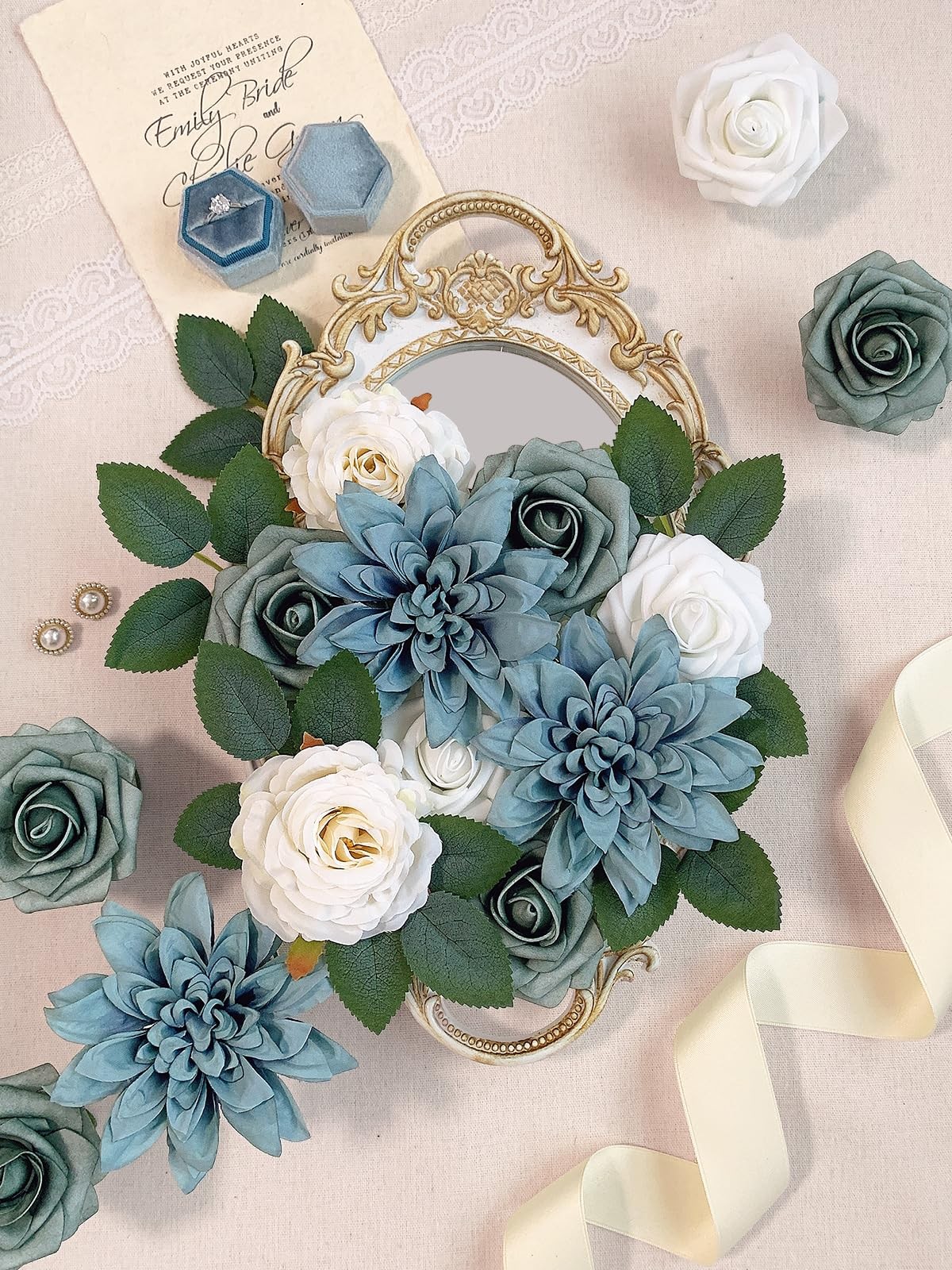 Roses Artificial Flowers, Dusty Blue, Silk, Wedding Bouquets, Centerpiece