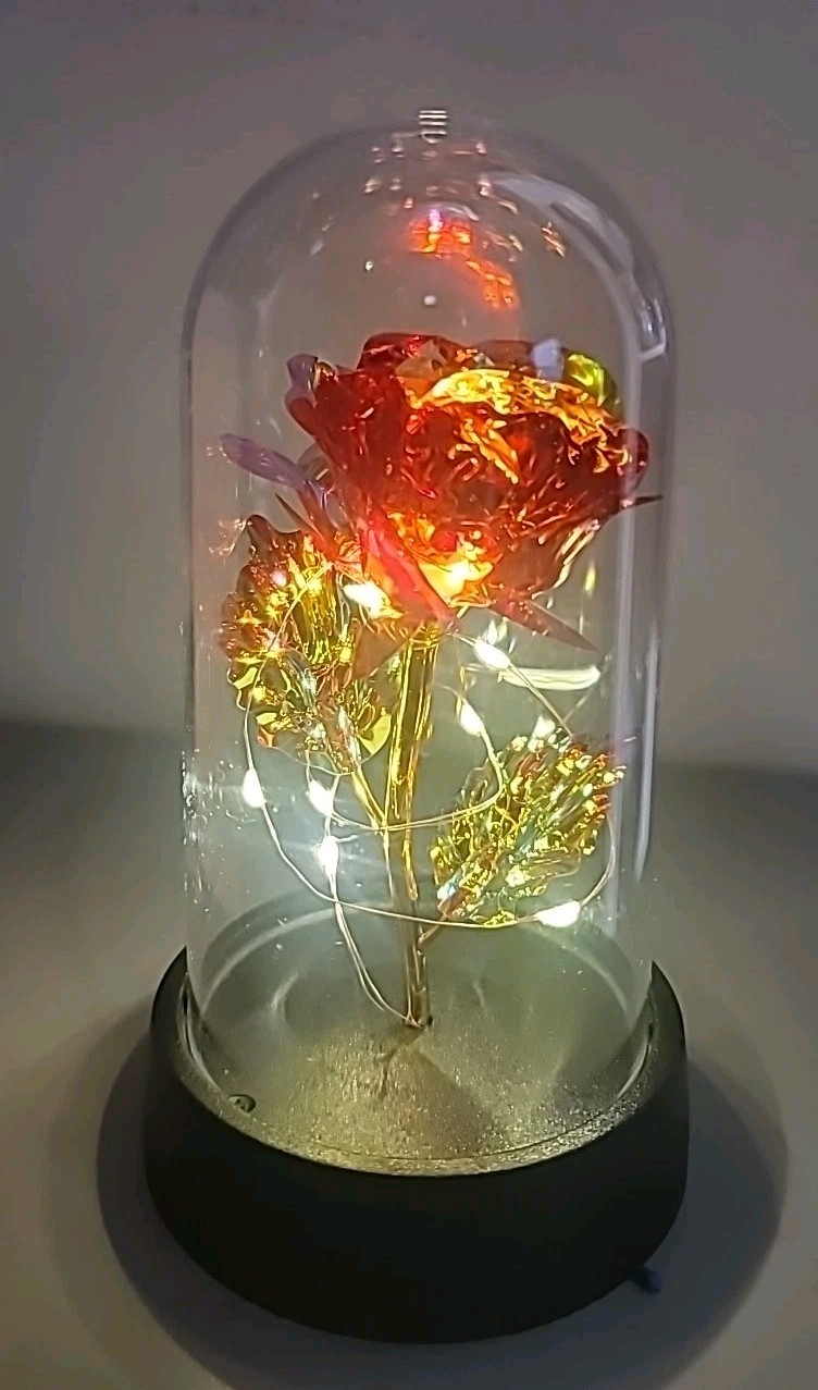 Red & Gold Rose Flower In Dome Glass LED Light Gift, Valentine, Wedding Decor