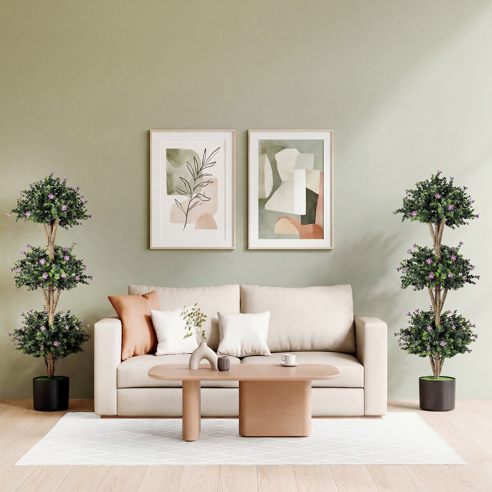51” Artificial Triple Ball Boxwood Topiary Tree with 59 Blossoms for Porch Home