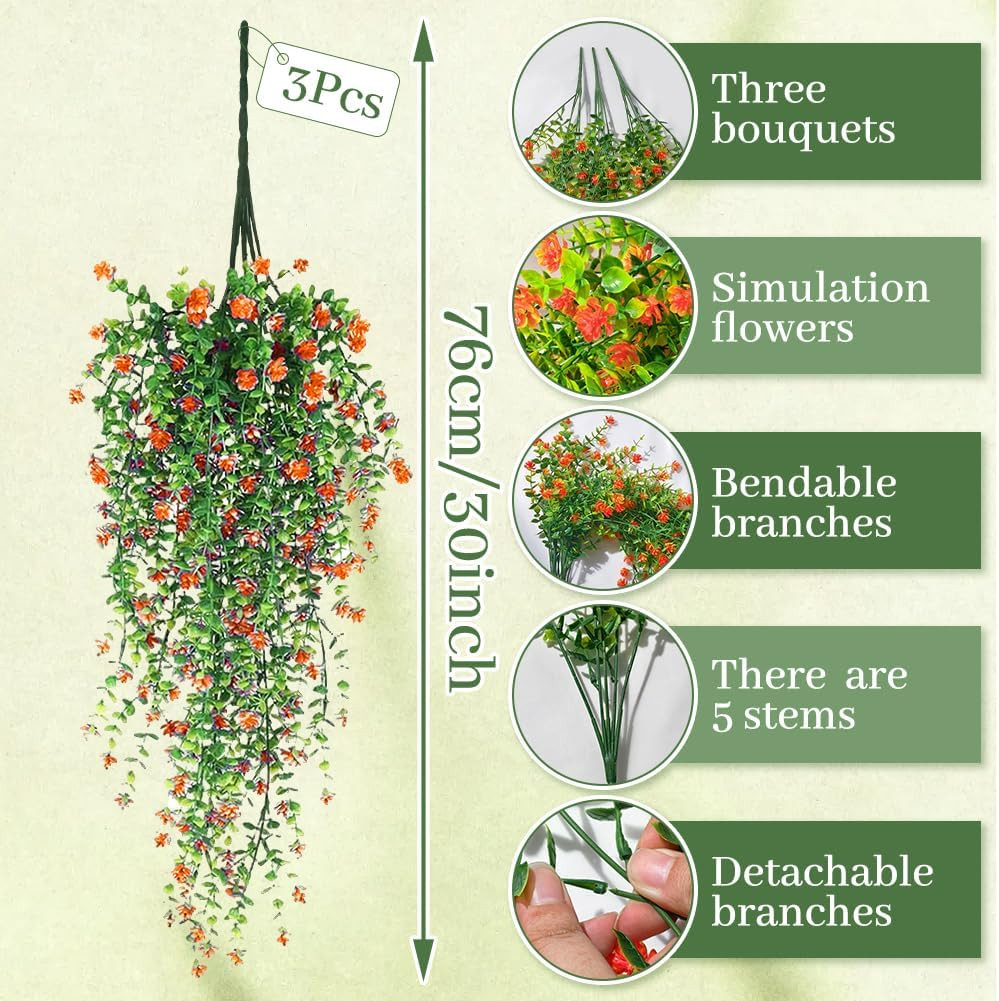 Artificial Hanging Flowers, 3 Pcs Fake Hanging Plants Decor, Artificial Vines fo