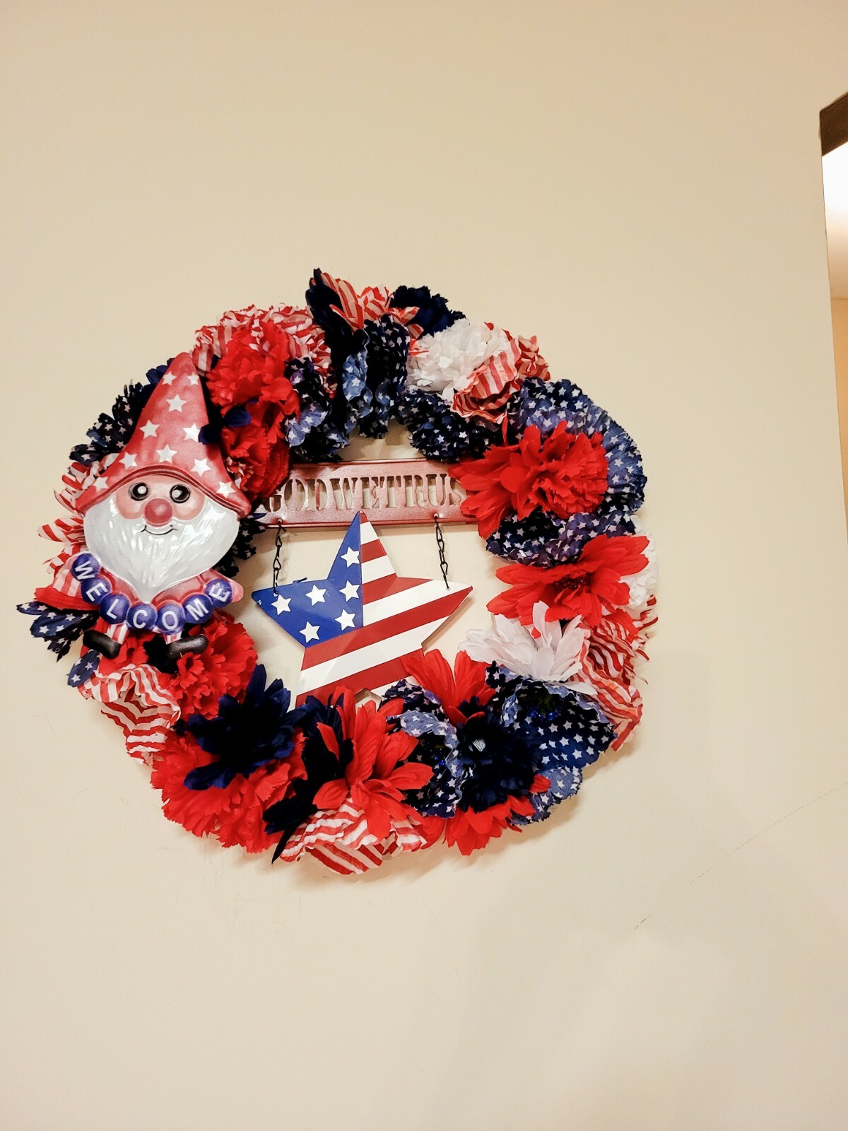 Welcome IN GOG WE TRUST red white blue burlap Door WREATH patriotic 4th of July