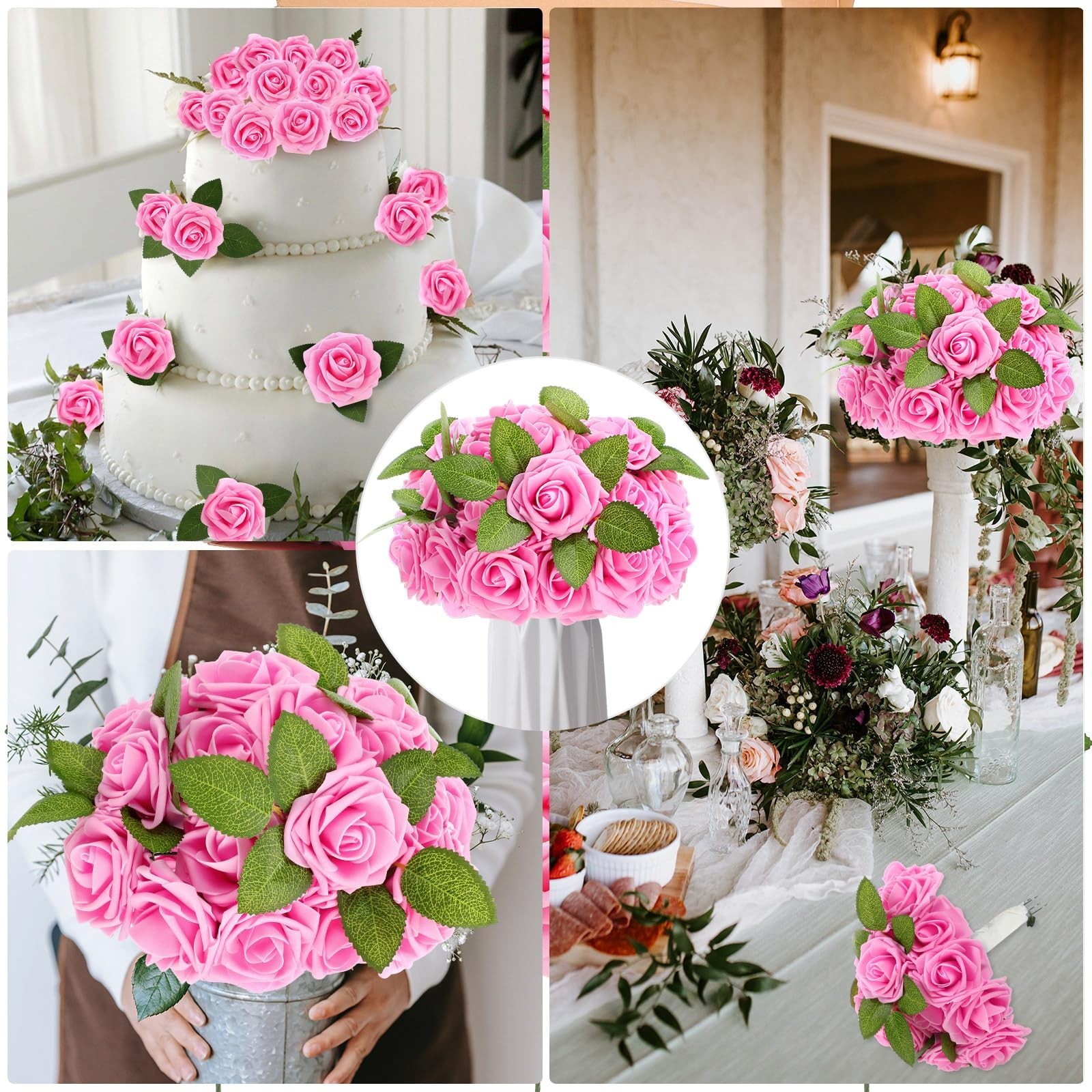 100 Pcs Faux Foam Rose Flowers with Stems for DIY Wedding Bouquets & Home Decor