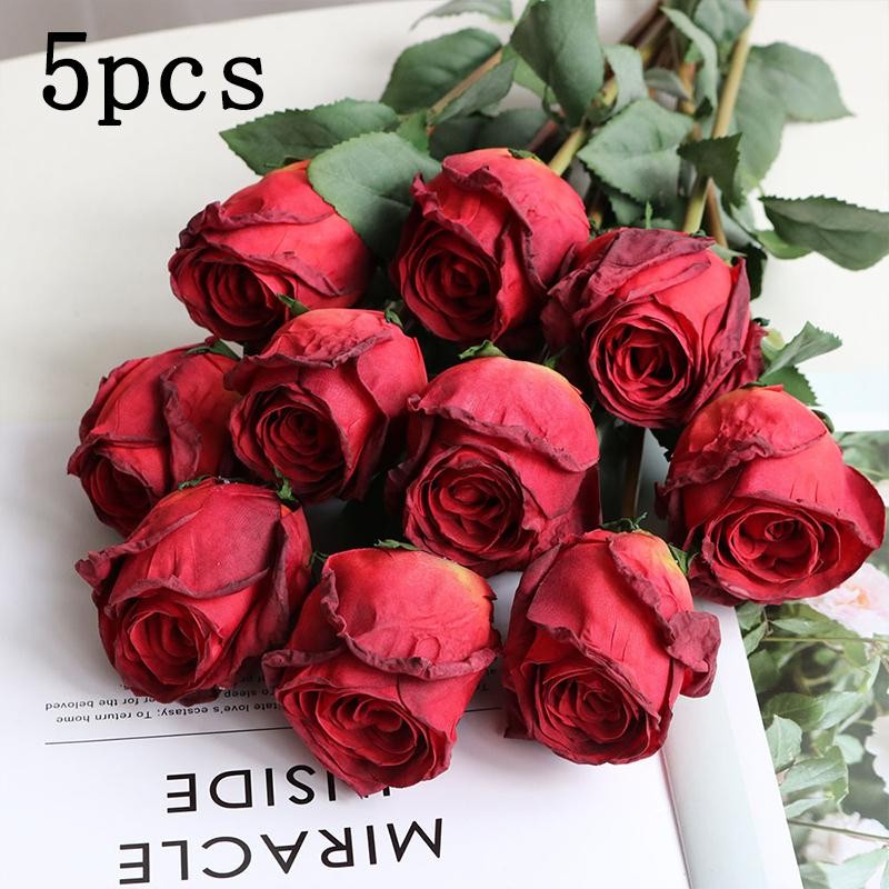 5PCS Artificial Burnt Edge Rose Buds 58cm Wedding Home Table Decor Photo Props