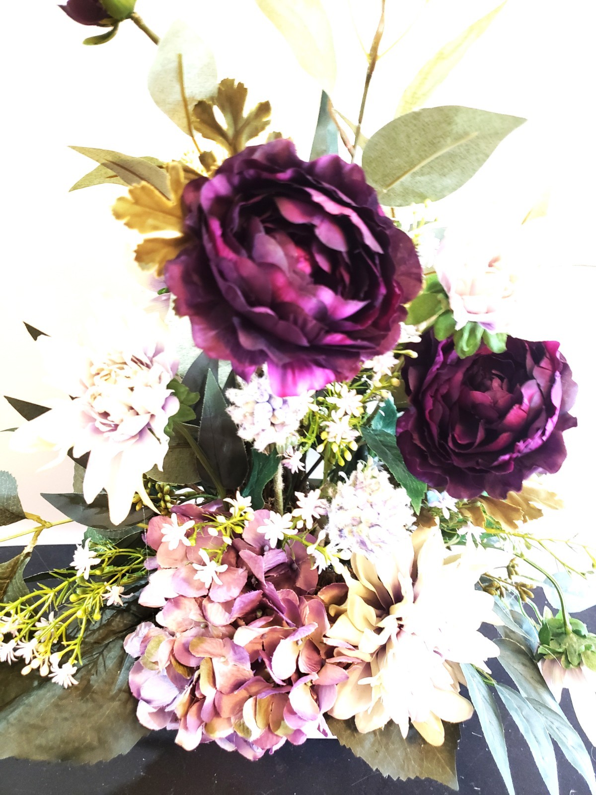 Purple Hydrangea & Aubergine Ranunculus Floral Arrangement, Green Dahlia Floral