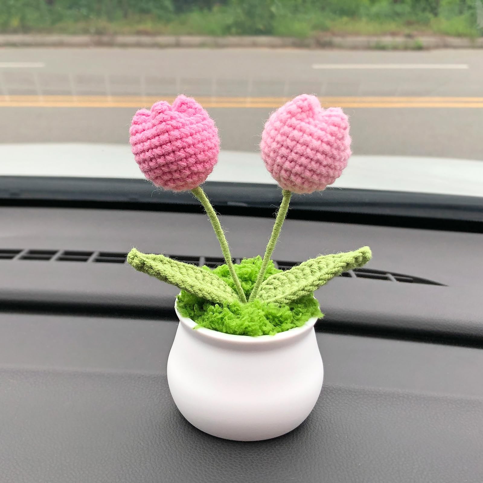 Crochet Flowers, Potted Pink Gradient Tulips, Car Dashboard, Home Office Decor