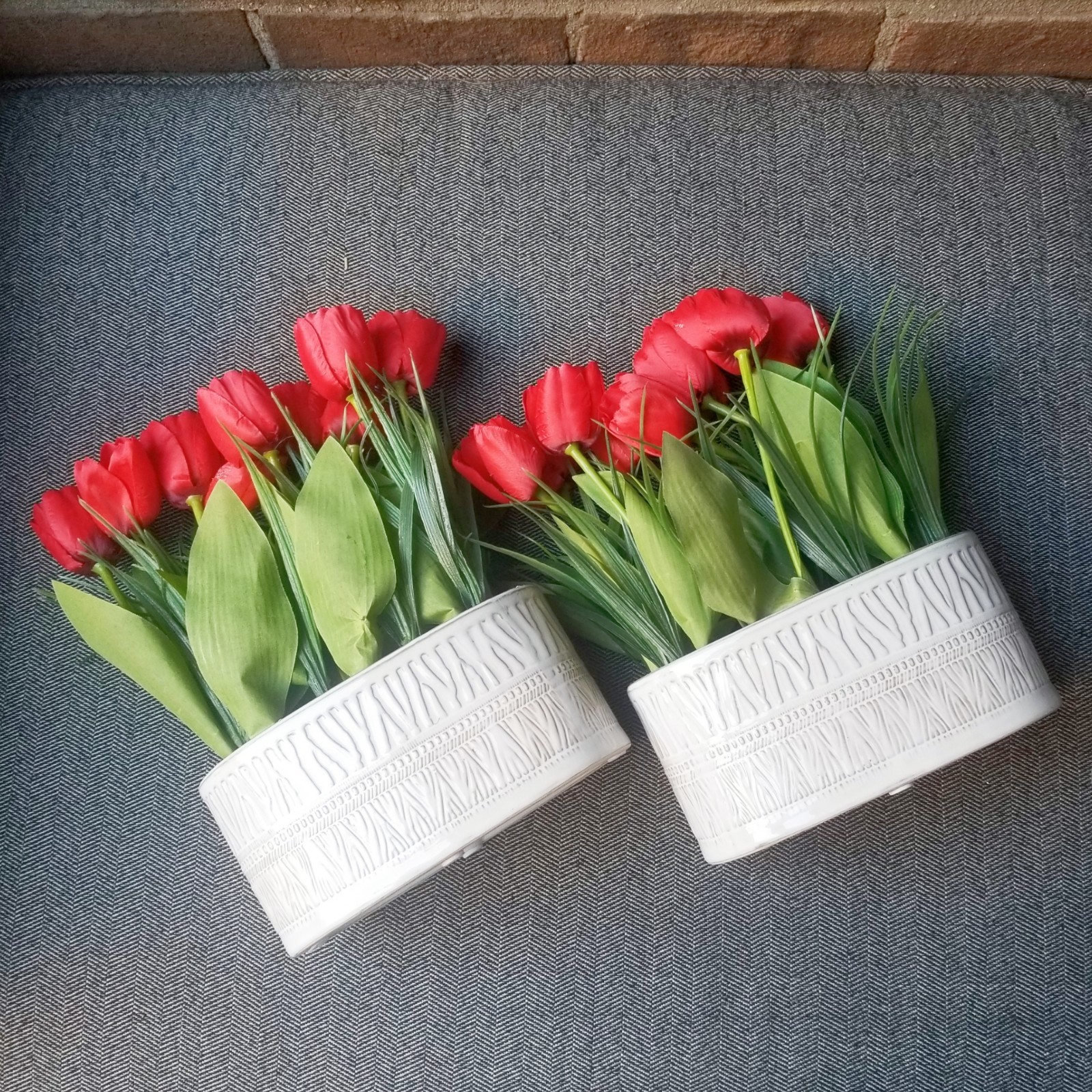 Red Tulips Flowers Planters Artificial Potted Houseplants White Pots Fake Set x2