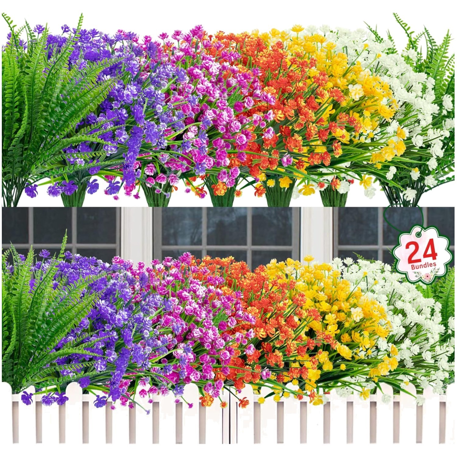 Vibrant 24-Bundle UV Resistant Faux Flowers & Boston Ferns for -Round Beauty
