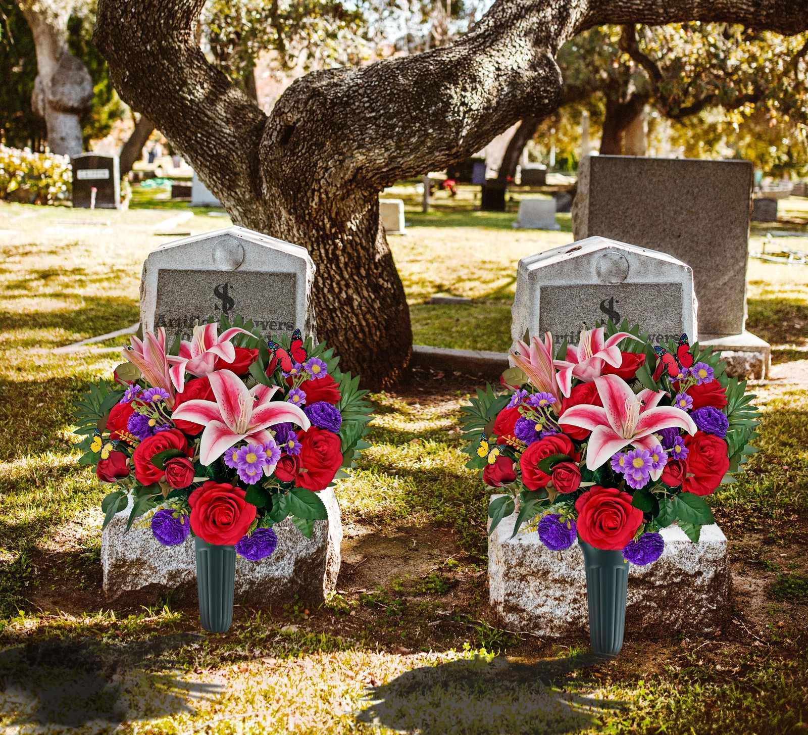 Artificial Cemetery Flower Bouquet, Grave Flower for Headstone Outdoor Decora…