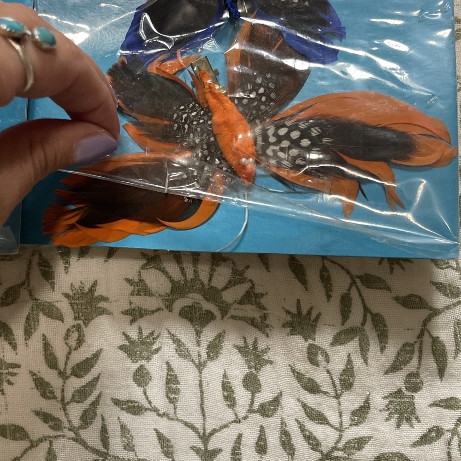 4 Vtg Clip On Feather Butterflies Floral Gifts Decoration Orange Red Blue Taiwan