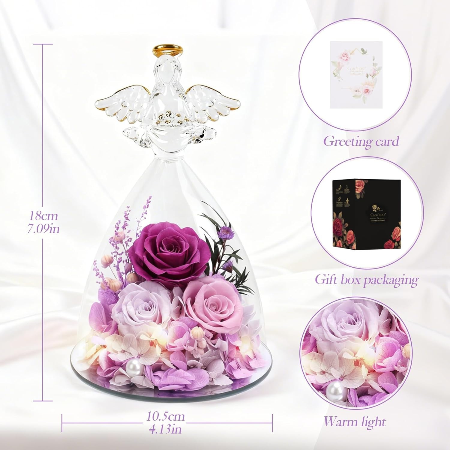 7″ Preserved Rose Flowers in Glass Angel Figurine Eternal Rose Gift, LED, Purple