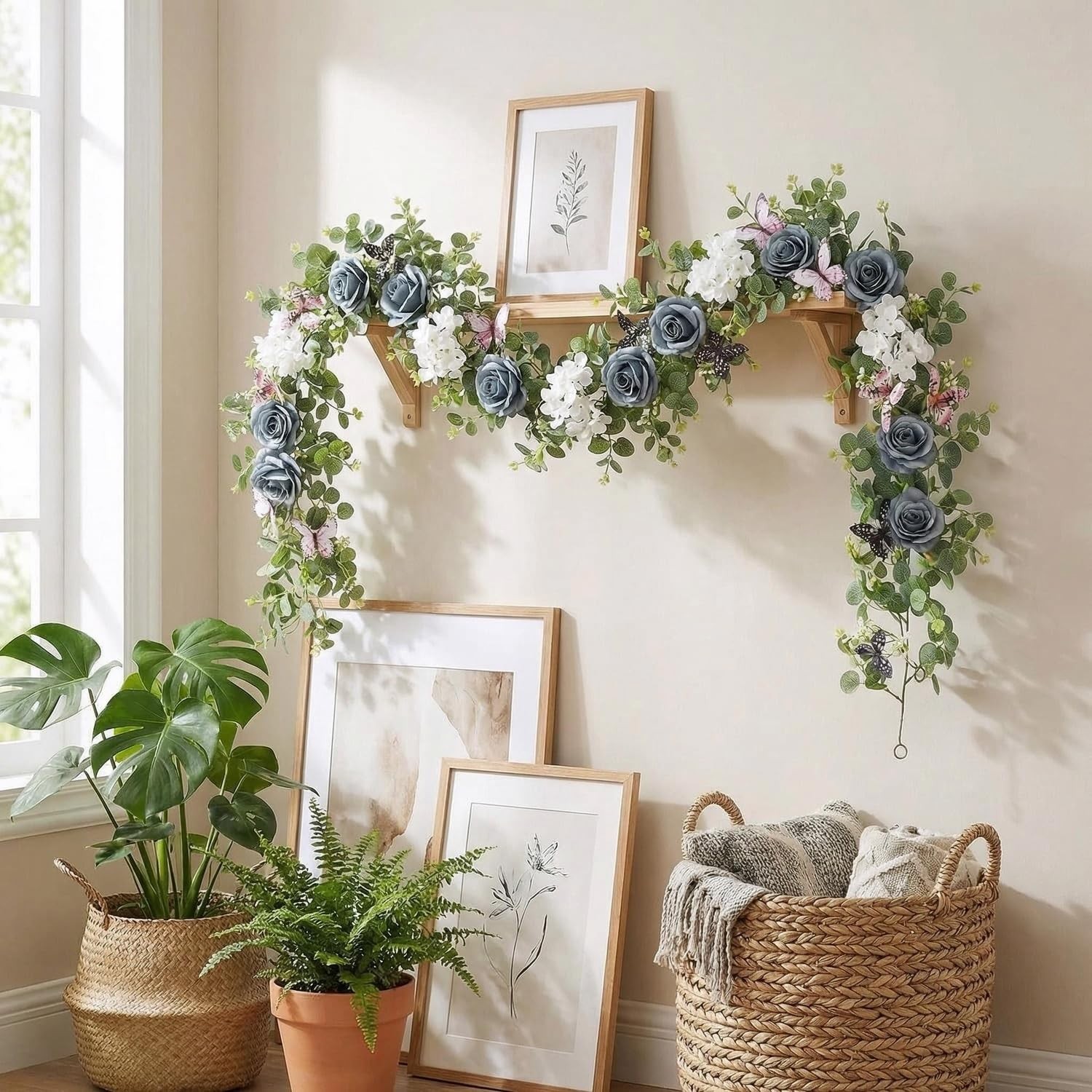 Artificial Eucalyptus Garland with Roses and Butterflies, Faux Hanging Vine G…