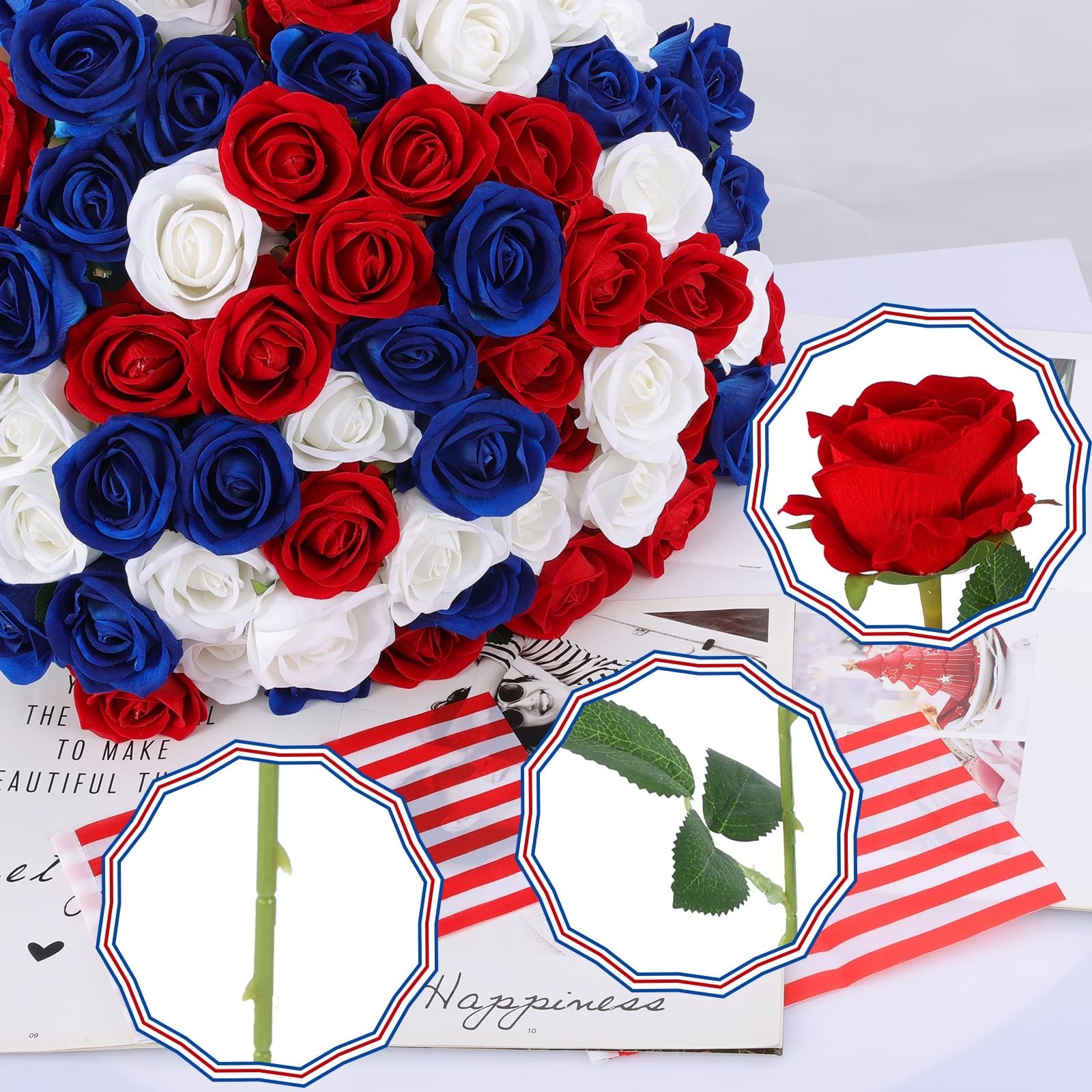 Bulk Artificial Velvet Silk Roses – Realistic Red, White, Blue Flowers for Weddi