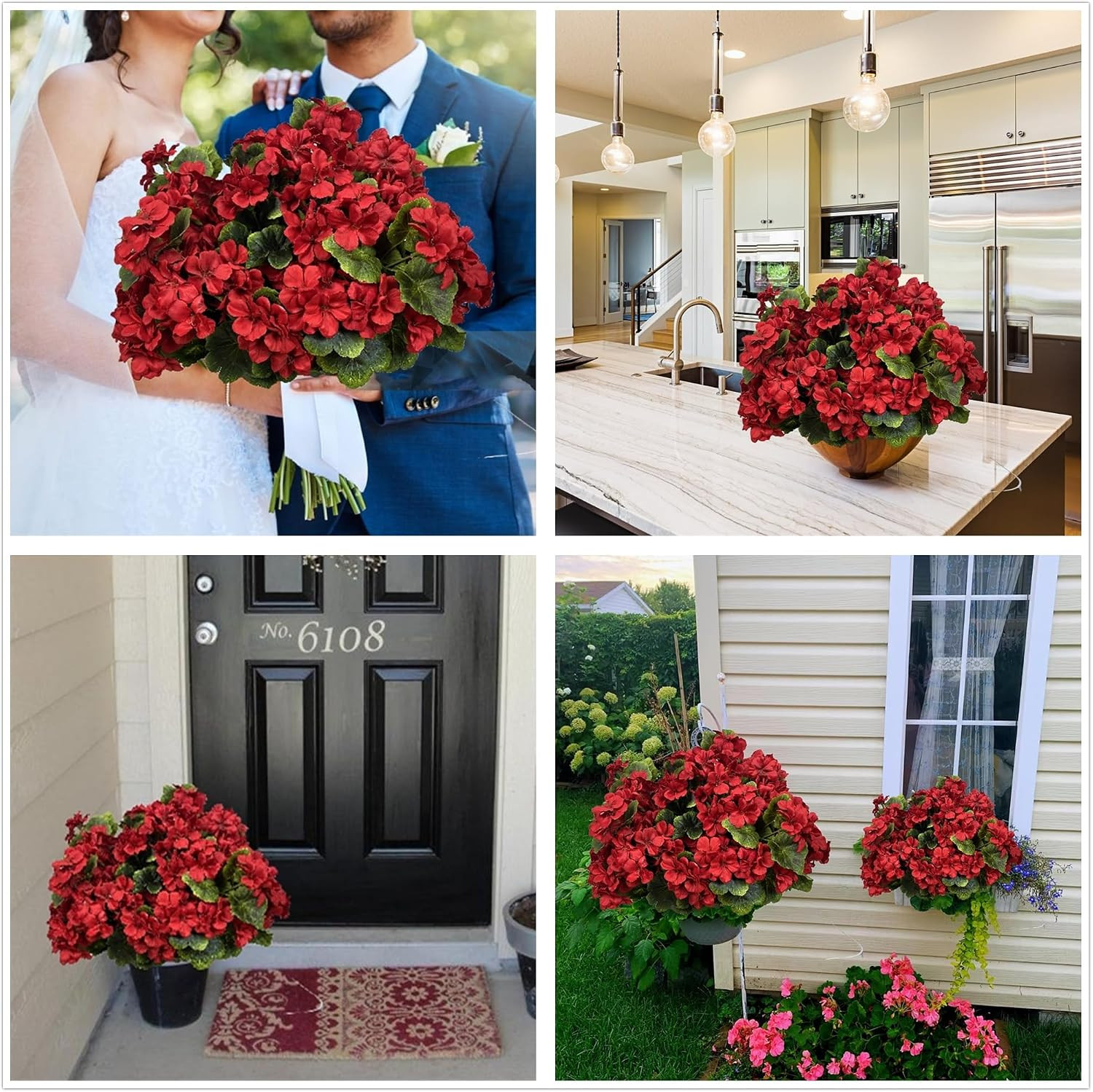 Pack of 4 Red Silk Geraniums – Lifelike Flower Bundles for Home Decor