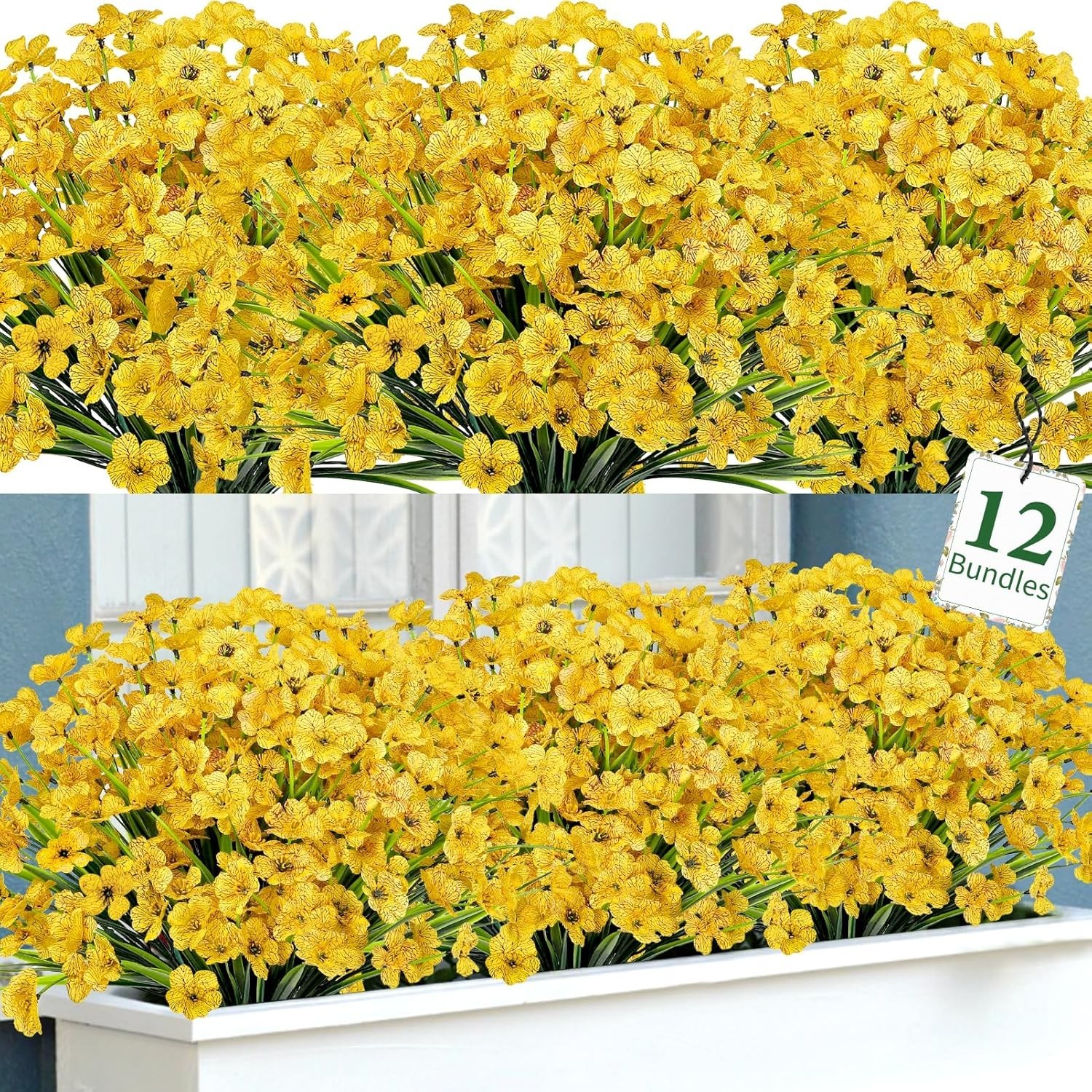12 Bundles Yellow Artificial Flowers – UV Resistant Faux Silk for Home Decor