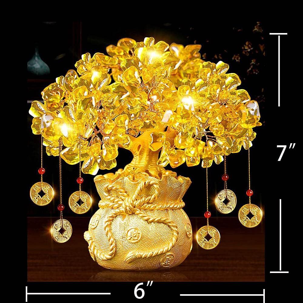 Feng Shui Crystal Money Tree with Dragon Pot Citrine Hangs Lucky Gold