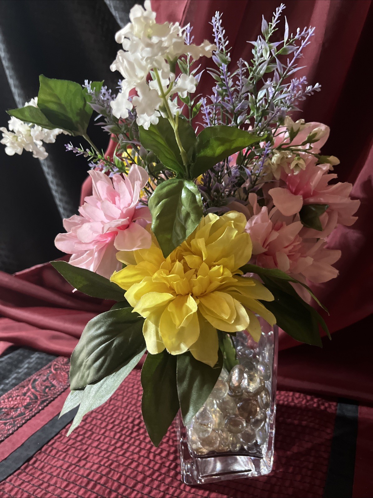 Beautiful Silk Floral Arrangement And An Oblong Square Vintage Glass Vase