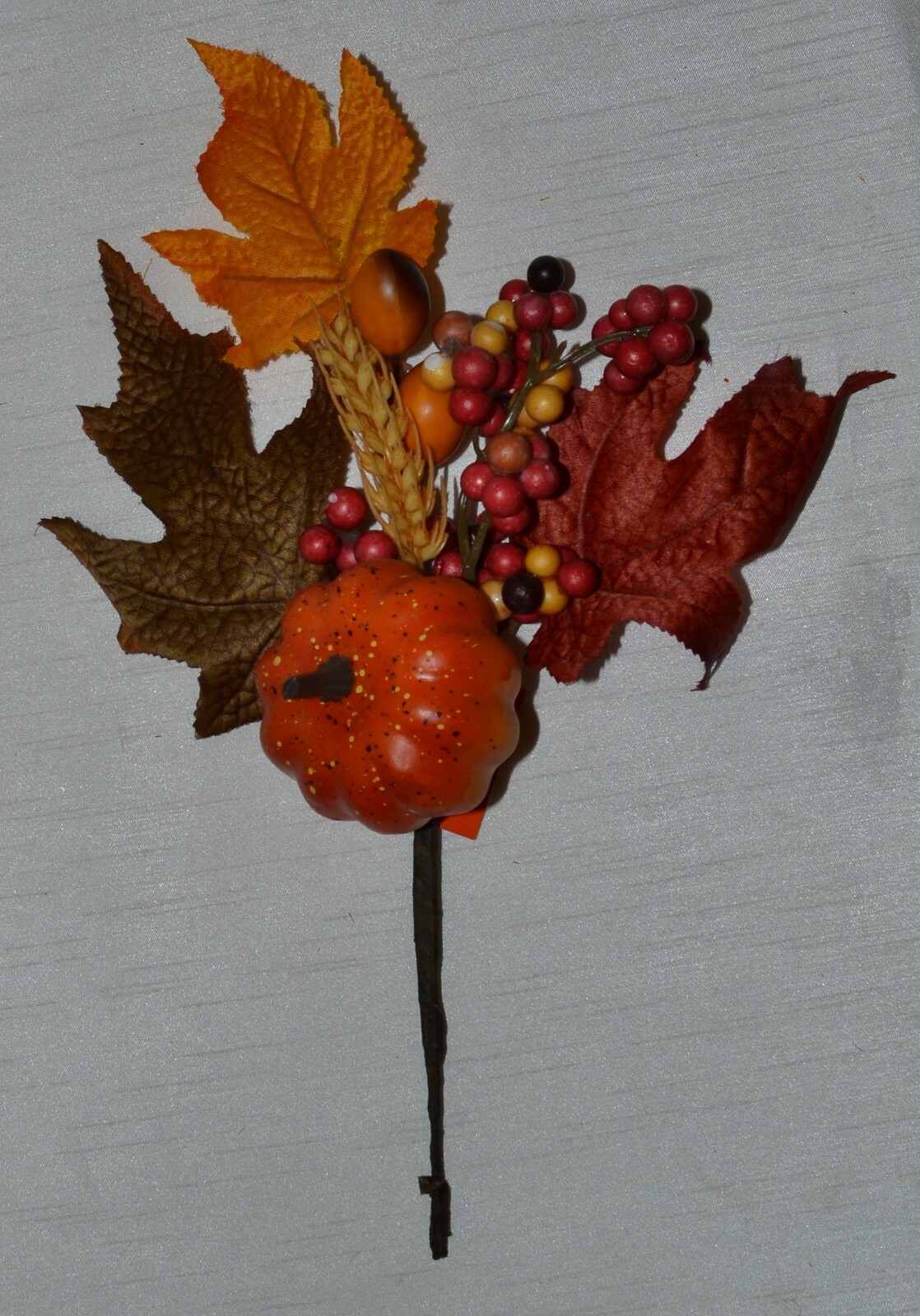 Set of 2 Silk Fall Leaf Orange Pumpkin Berry Wheat Pick~Artificial~Thanksgiving