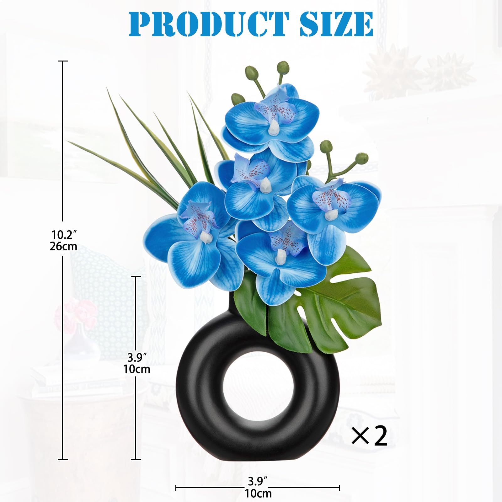 2PCS Blue Artificial Orchid, Black Ceramic Pot, Silk Flower, Table Decor