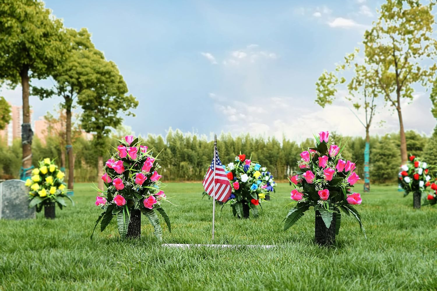 Beautiful Pink Artificial Cemetery Flowers with Vase – Lasting Outdoor Decor