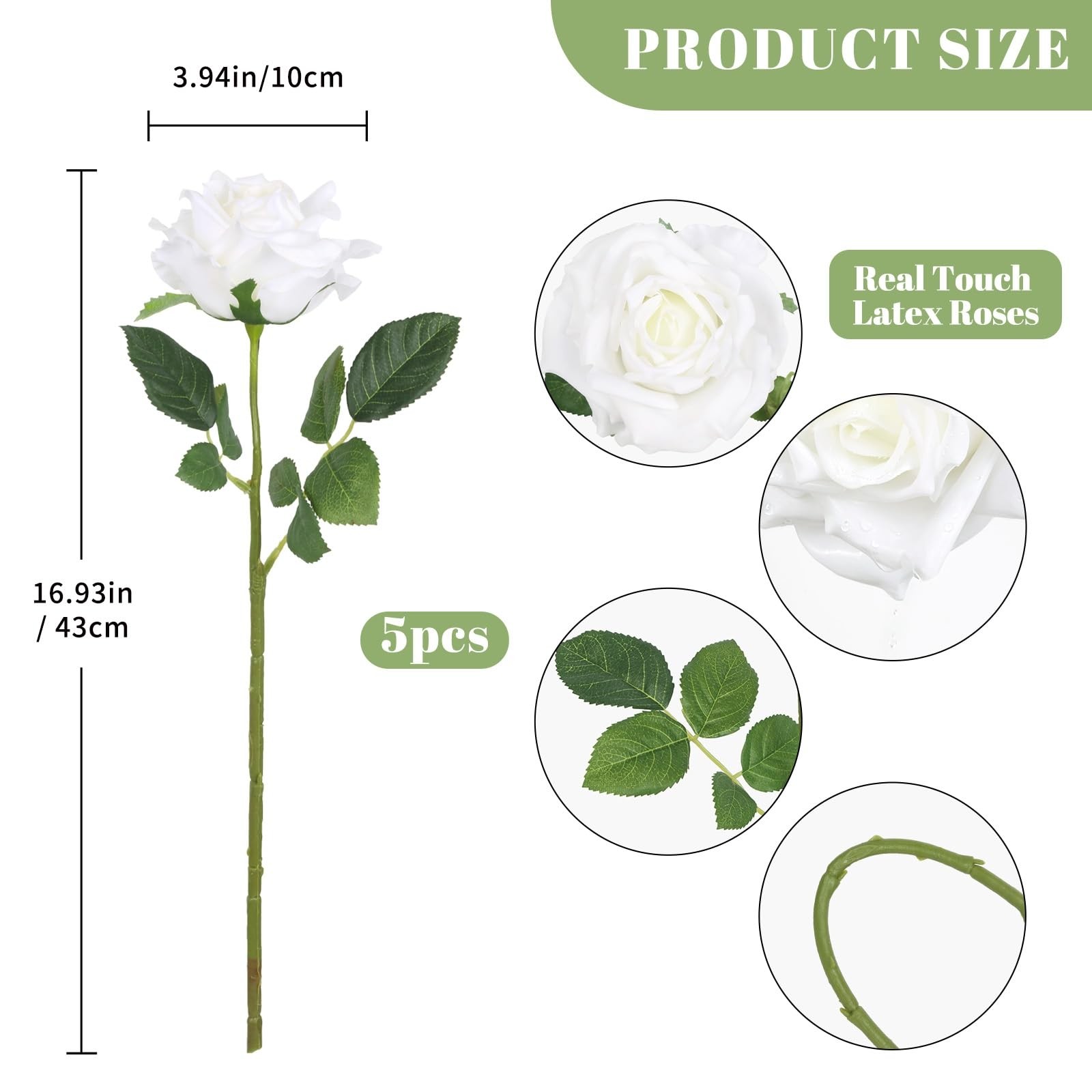 5PCS Real Touch Roses White Artificial Flowers, 16.93″ Long Stems Lifelike Fa…