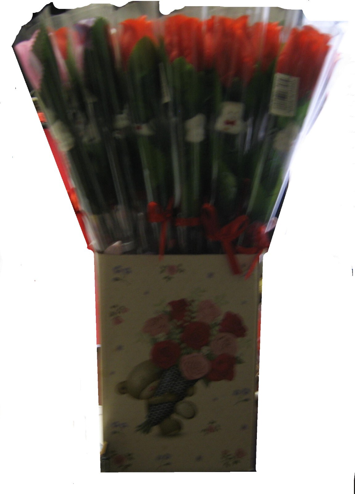 Long Stem Red and Pink Roses with Small Teddy Bear -15″ long – 6 pcs per order