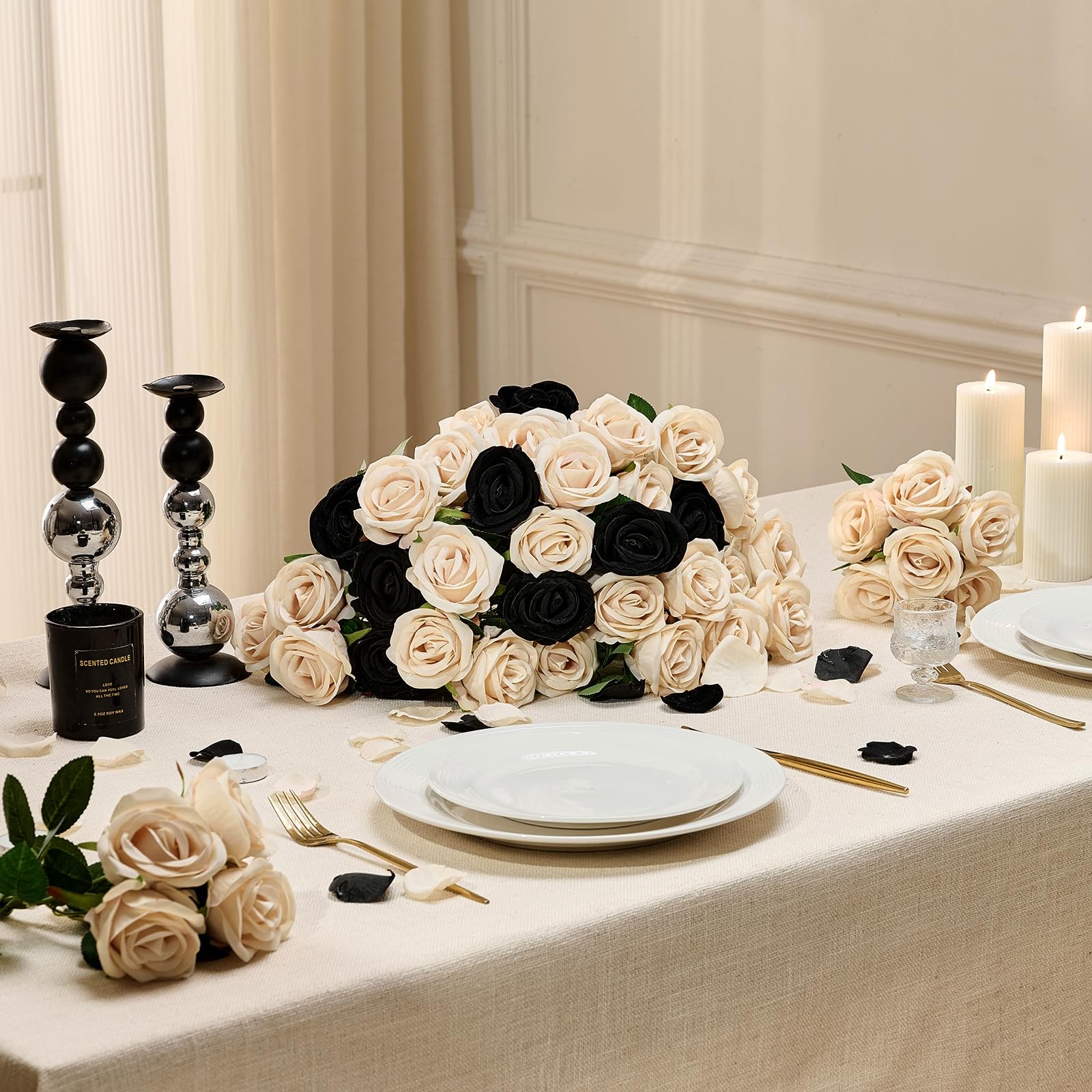 48 PCS Black Roses Velvet Realistic Artificial Flowers with Bendable Stems fo…