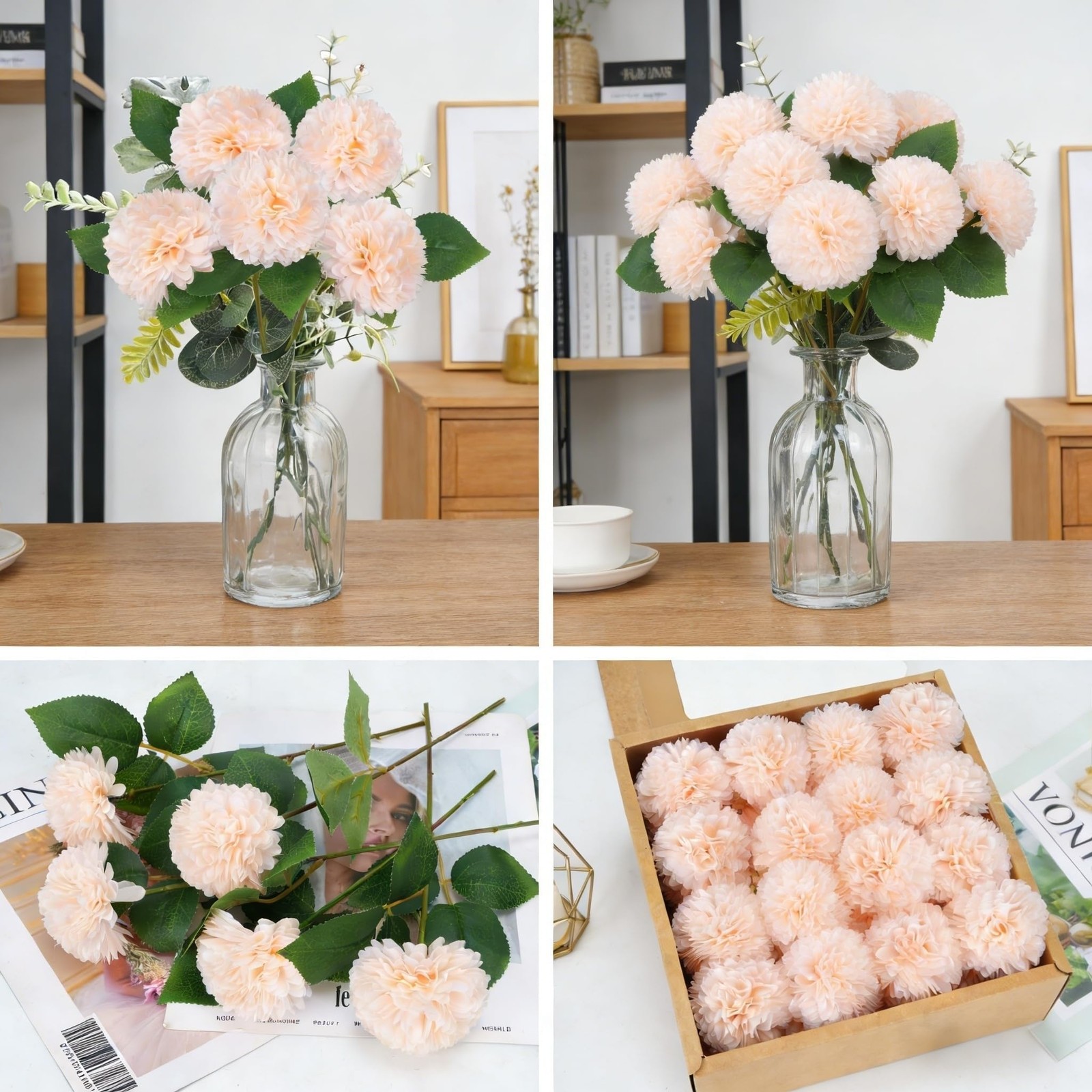 Artificial Flowers Champagne Silk Chrysanthemum Head with Stems Greenery Leav…