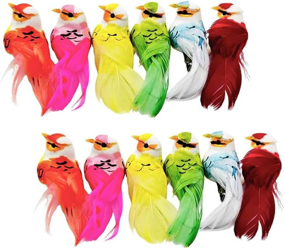 12Pcs Small Birds Mini Birds Decorative Feathered Colorful Artificial Birds with