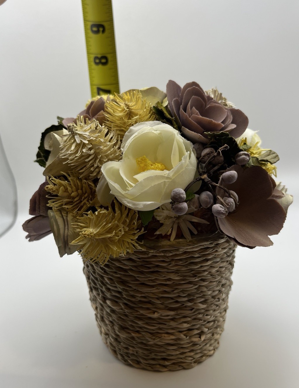 Sola Wood Rose Floral Arrangement Lavender Mauve Ivory Faux Flower Weave Basket