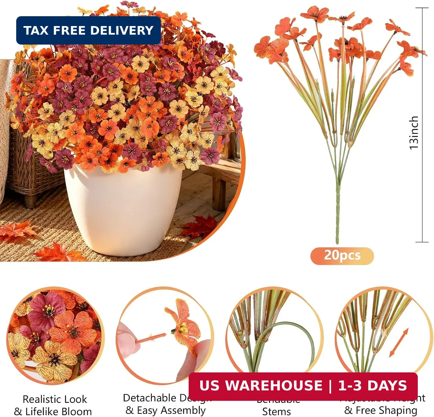 AmyHomie 20 PCS Artificial Fall Flowers for Outdoors, Orange Fake Mums | Fall De