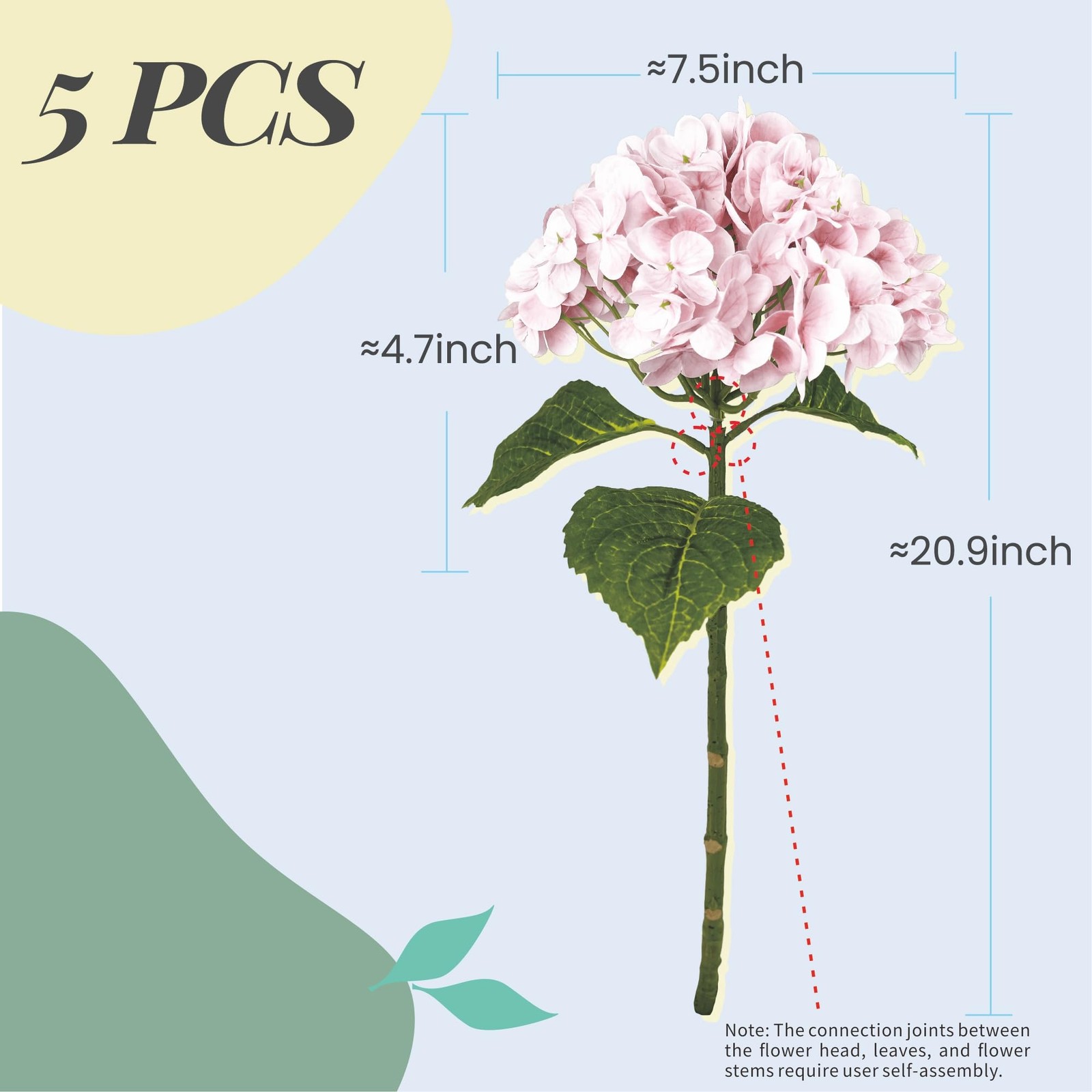 21 Inch Pink Artificial Hydrangea Flowers 5 Pcs Latex Silk Real Touch Floral Dec