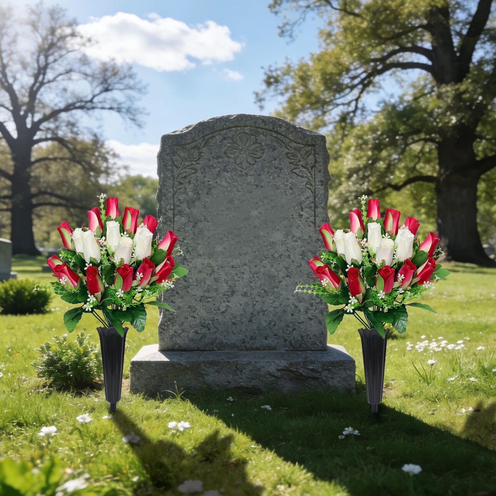 2 Sets Artificial Cemetery Flowers with Vase – Memorial Flowers Bouquet & Hea…