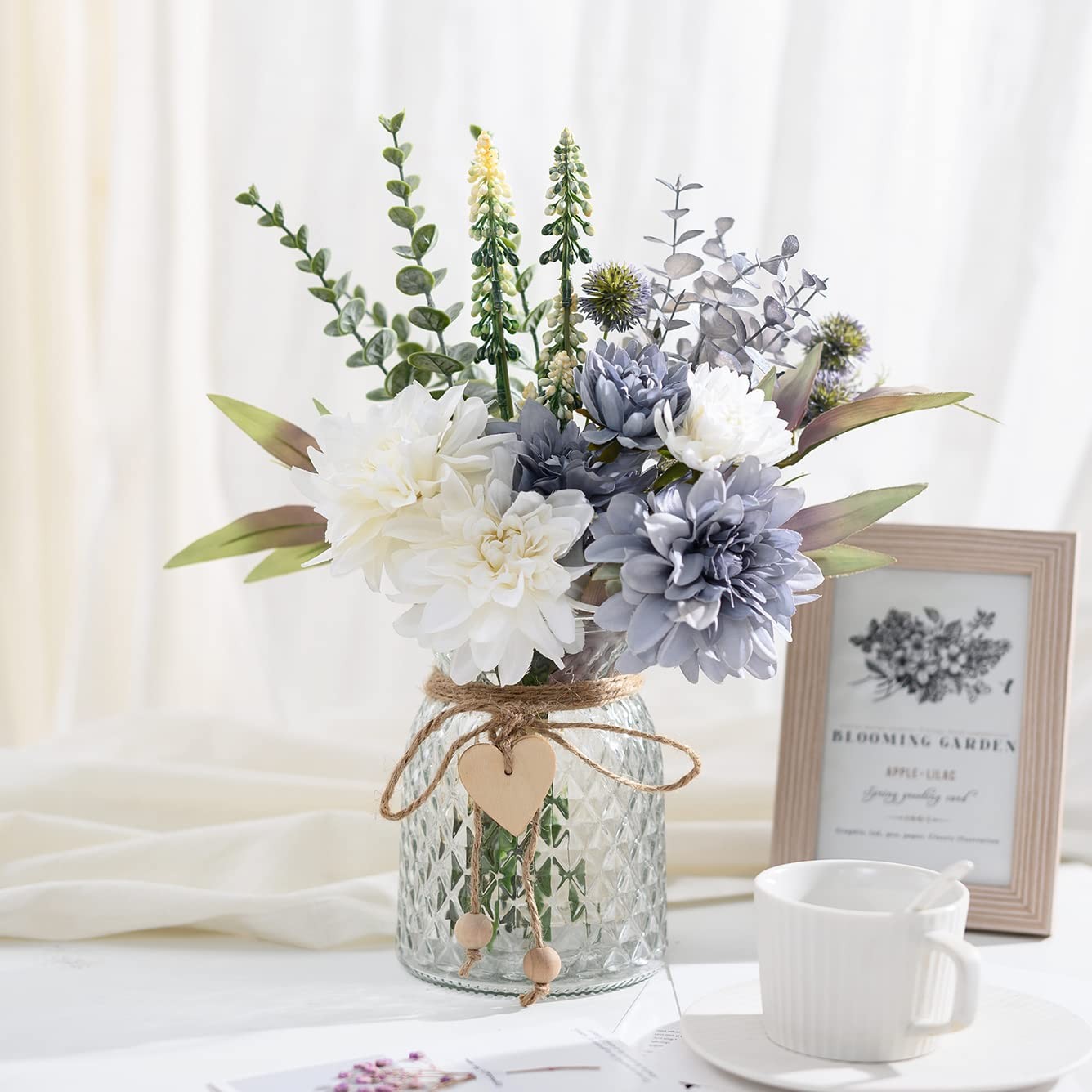 Fake Flowers Artificial Blue Flowers with Vase, Table Centerpieces for Dining…
