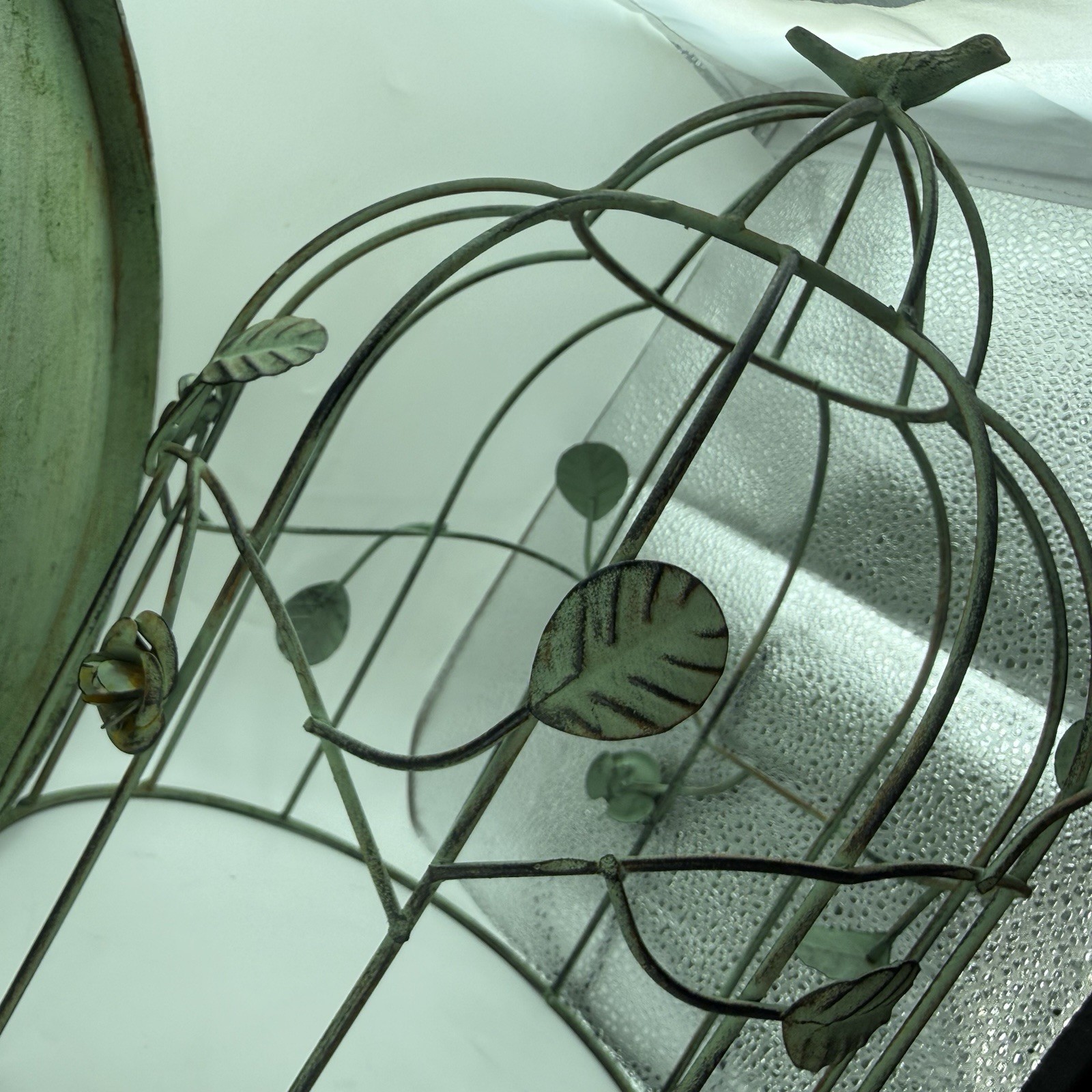 Deco bird cage Green Patina Metal Cottage core Plant Flower 2 Pieces Roses Vtg