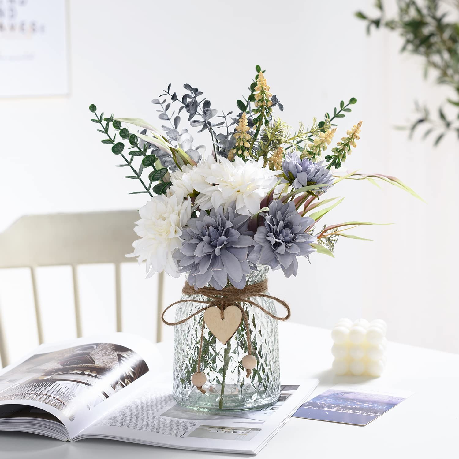 Fake Flowers Artificial Blue Flowers with Vase, Table Centerpieces for Dining…