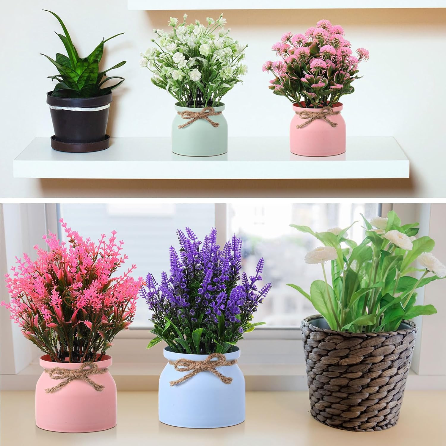 24 Pcs Large Artificial Potted Flowers Fake Potted Plants Plastic Faux Flowers f