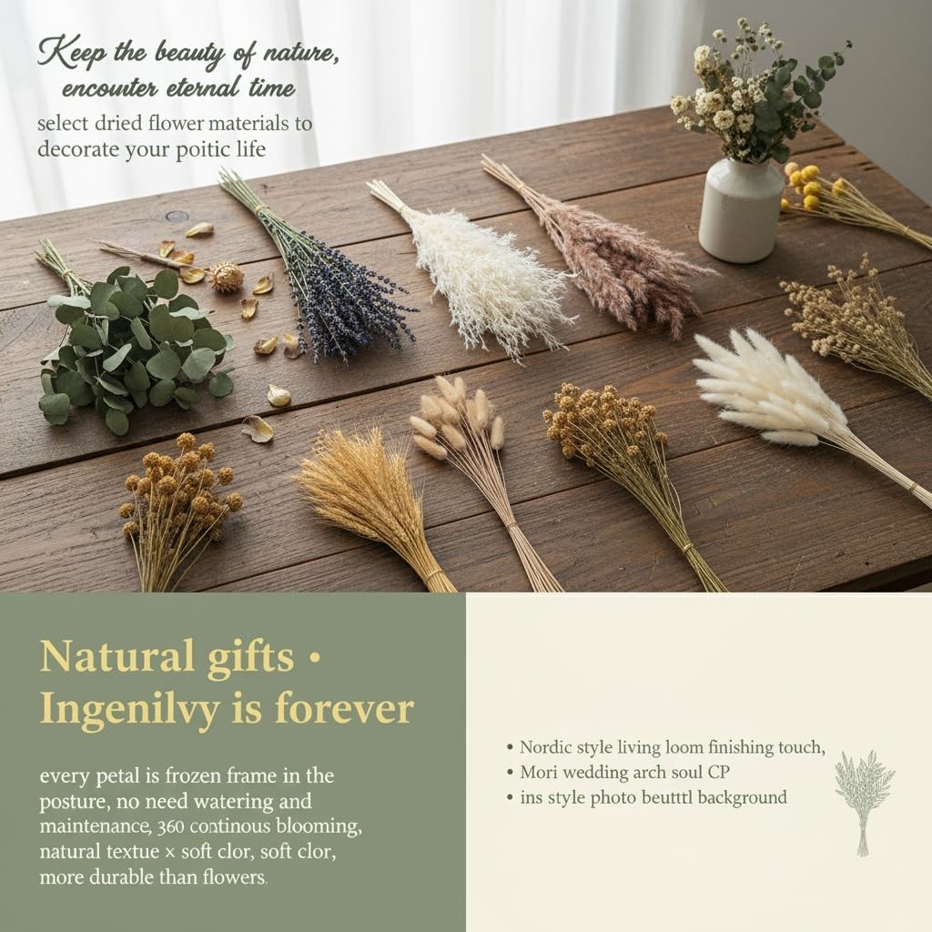 500PCS Dried Pampas Grass Bouquet – Boho Dried Flowers for Vase, White & Brown