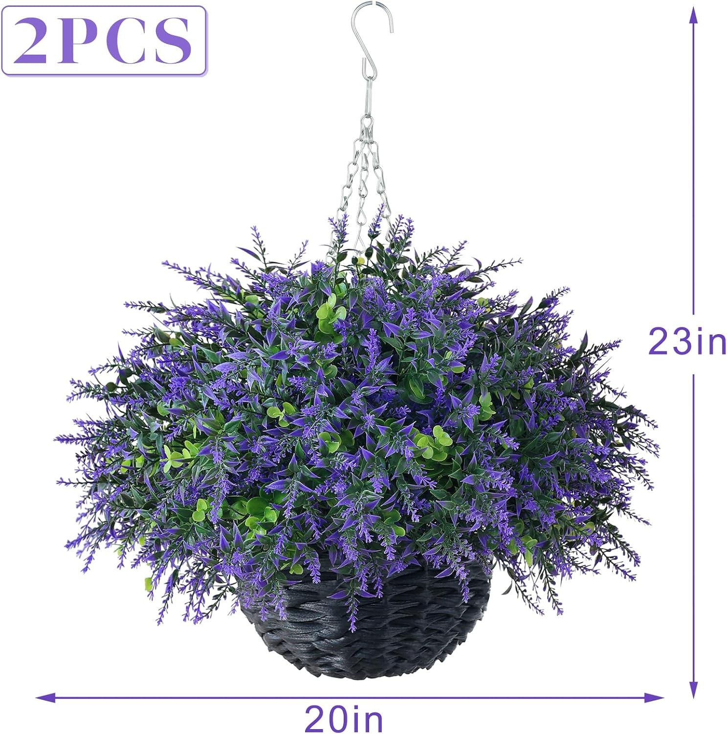 Artificial Eucalyptus & Lavender Hanging Basket (2 Pieces) – Realistic Fake
